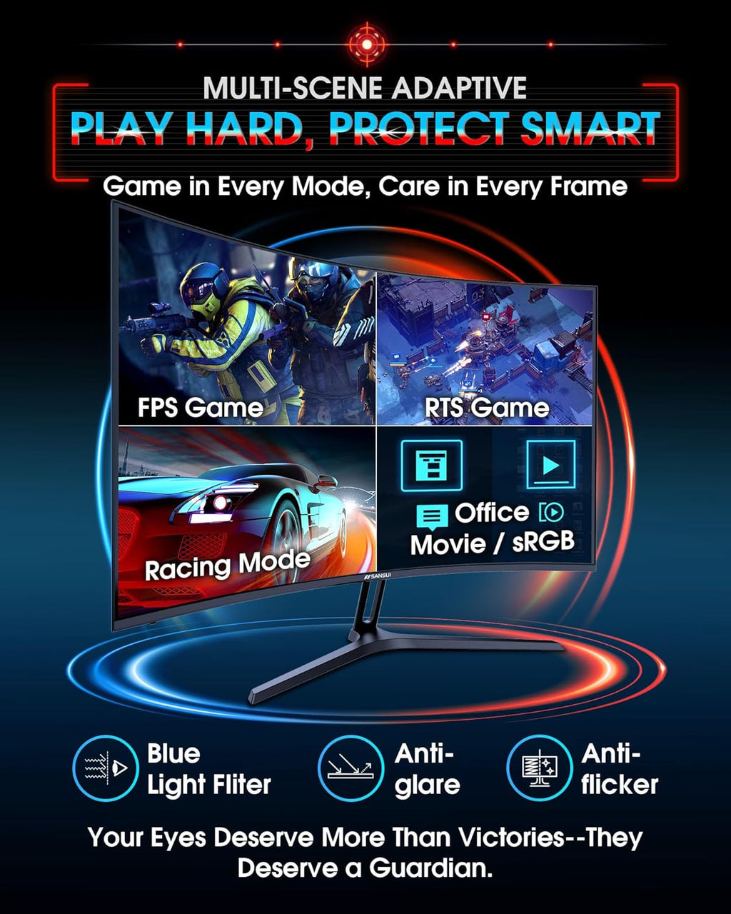 SANSUI 27 Inch Curved 240Hz Gaming Monitor FHD 1080P, 1500R Curve Computer Monitor, 130% sRGB, 4000:1 Contrast, HDR, FreeSync, MPRT 1Ms, Low Blue Light, HDMI DP Ports, Metal Stand, DP Cable Incl.