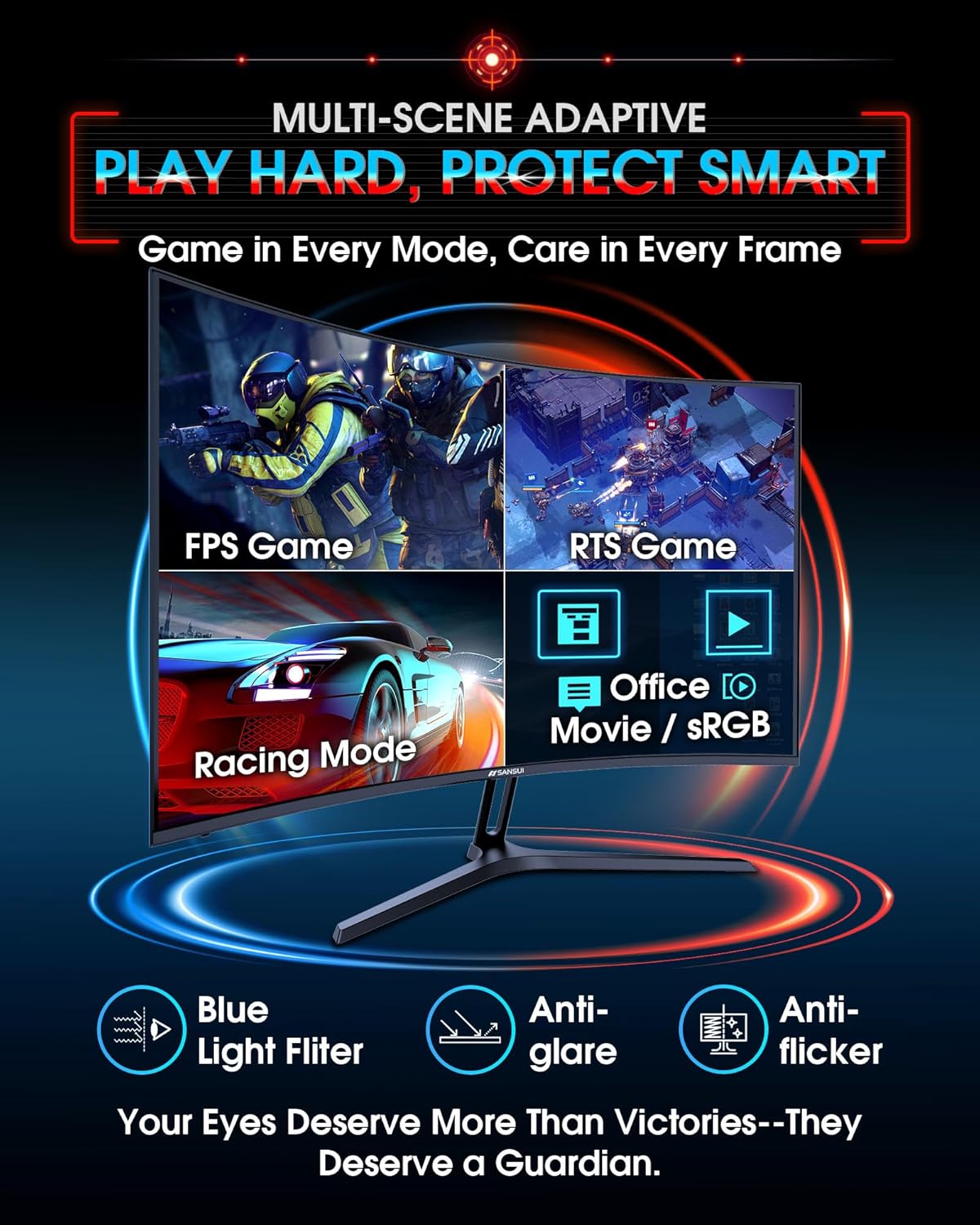 SANSUI 27 Inch Curved 240Hz Gaming Monitor FHD 1080P, 1500R Curve Computer Monitor, 130% sRGB, 4000:1 Contrast, HDR, FreeSync, MPRT 1Ms, Low Blue Light, HDMI DP Ports, Metal Stand, DP Cable Incl.