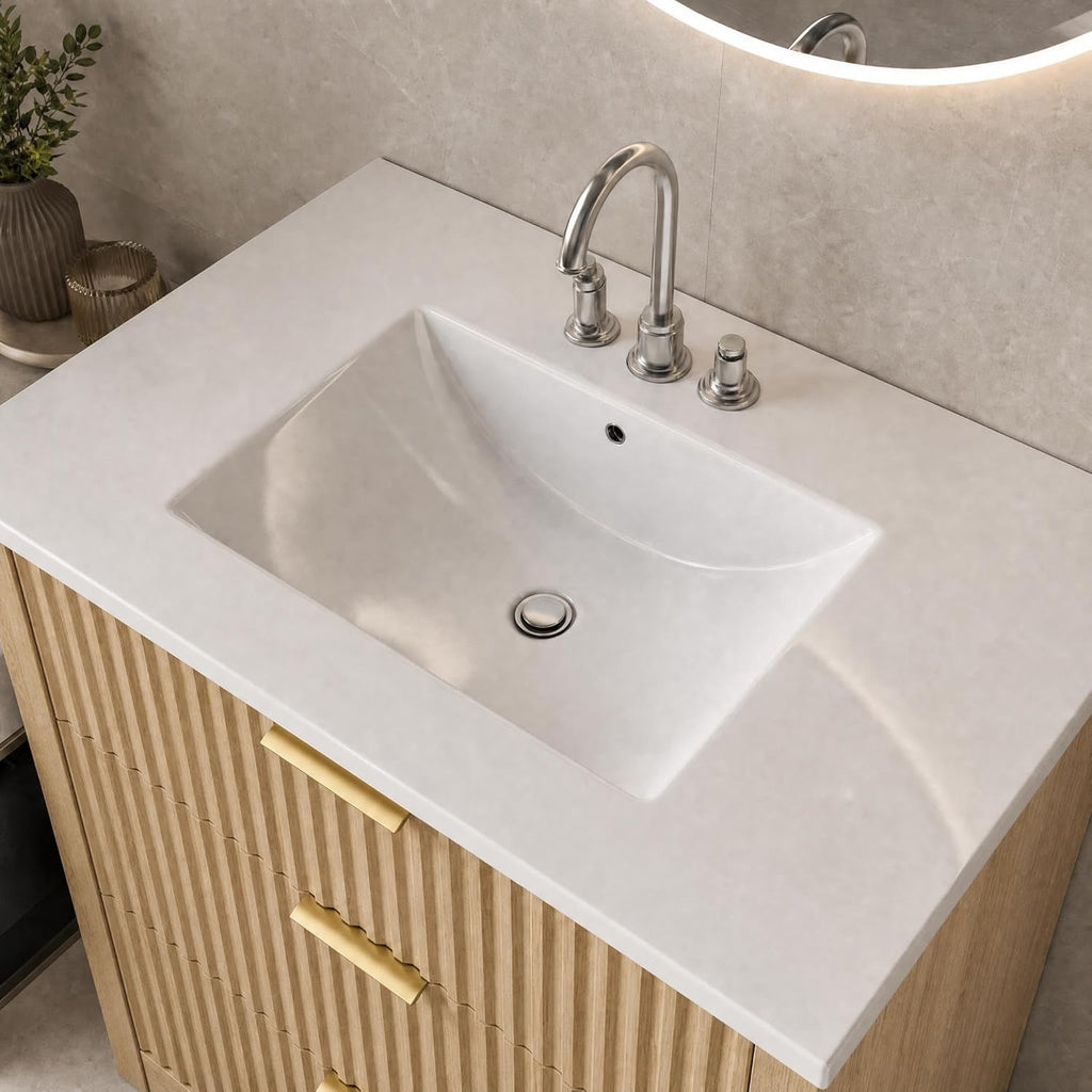 GarveeHome 30 Inch Bathroom Vanity with Sink, Fluted Freestanding Vanity Cabinet with 2 Drawers and 1 Flip-Down Drawer, Ceramic Basin Vanity Combo Set for Small Bathroom, Natural Oak