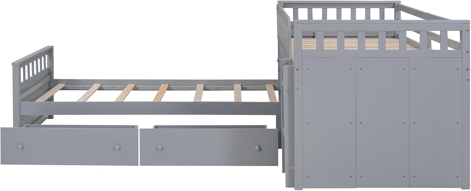 Merax L-Shaped Space-Saving Twin Loft and Twin Platform Bed with 7 Storage Drawers and Full Guardrails, Solid Wooden Bedframe for Boys Girls Adult, No Spring Box Needed, Grey