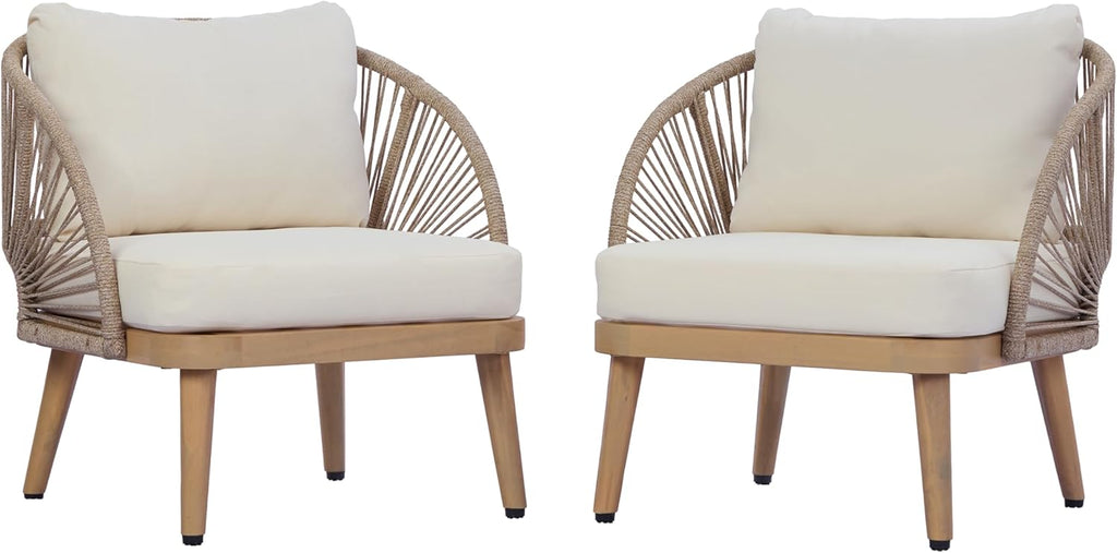 Christopher Knight Home Lydia Set of 2 Boho Patio Furniture Acacia Wood Club Chairs, Outdoor Lounge Chairs, Modern Tub Accent Chairs/Arm Chairs with Rope Woven and Removable Cushions, Natural+Beige