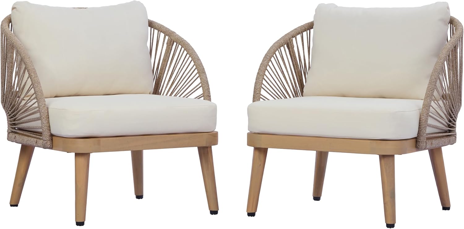 Christopher Knight Home Lydia Set of 2 Boho Patio Furniture Acacia Wood Club Chairs, Outdoor Lounge Chairs, Modern Tub Accent Chairs/Arm Chairs with Rope Woven and Removable Cushions, Natural+Beige