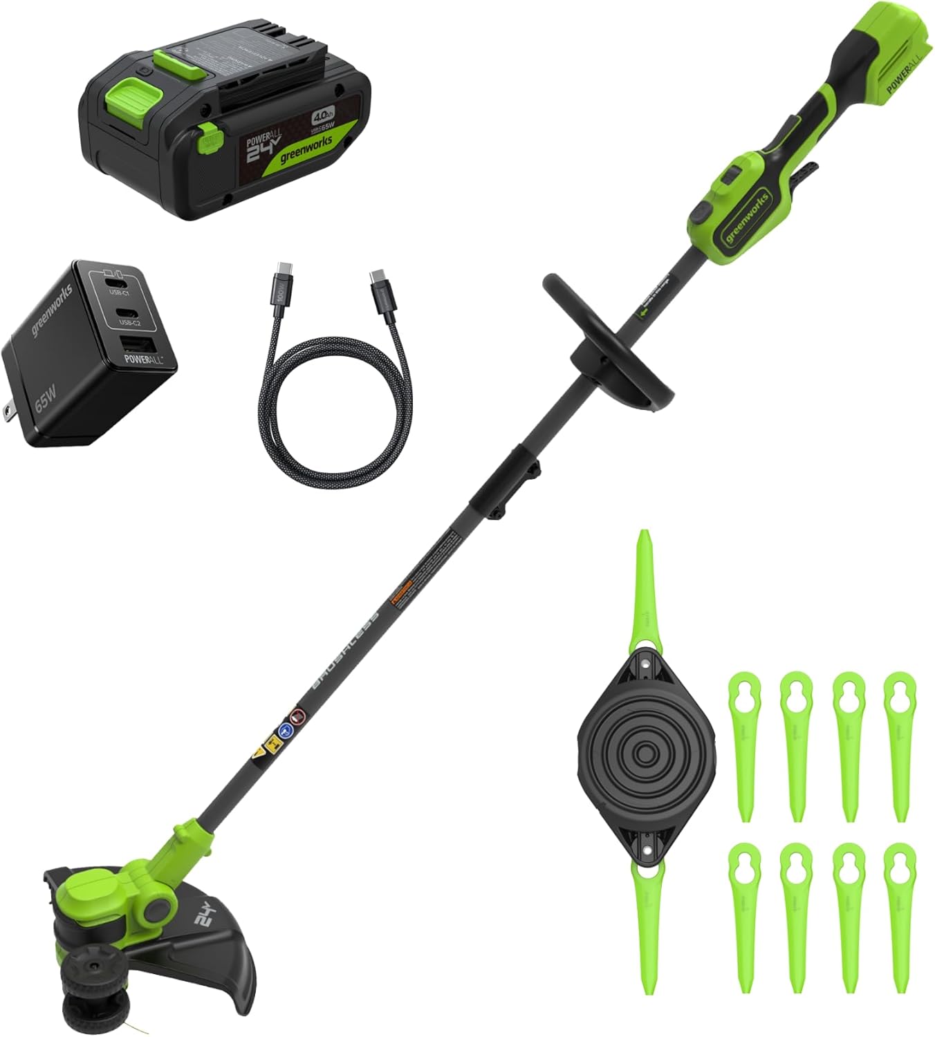 Greenworks 24V 13" Brushless String Trimmer, 2-in-1 Trimmer/Edger with Auto-Feed, 4.0Ah Battery, 65W Type-C Charger, 10 Blades, 3-Year Warranty, Powers 200+ Tools
