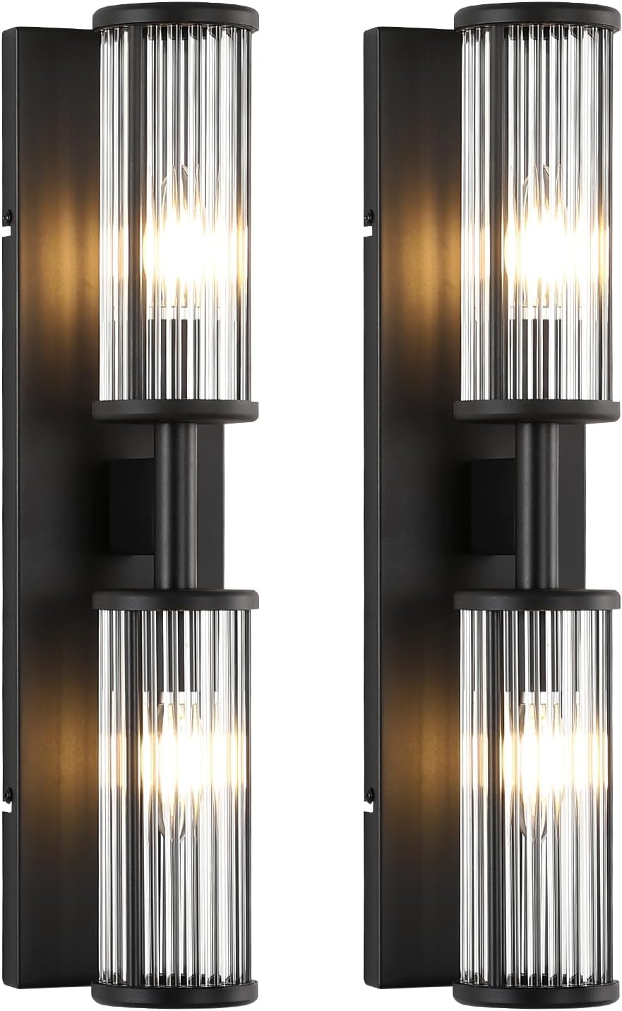 Modern Vanity Light Set of 2 - Matte Black Industrial Wall Sconces with Glass Rod Shades, Bathroom Mirror Lighting for Bedroom, Hallway, Dressing Room