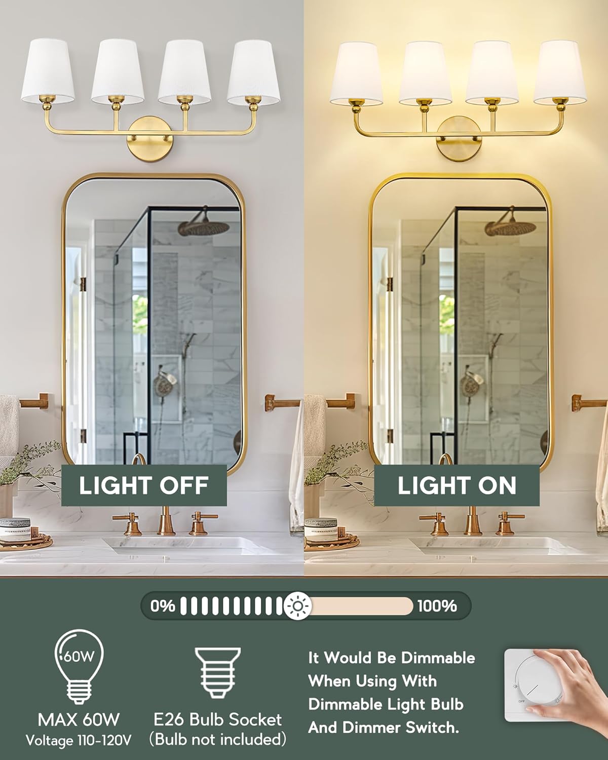Bathroom Light Fixtures, 4 Light Brushed Gold Vanity Lights with Flared White Fabric Shade, 28 Inch Wall Sconce, Modern Sconces Wall Lighting for Hallway Bedroom, VL837-BG-4