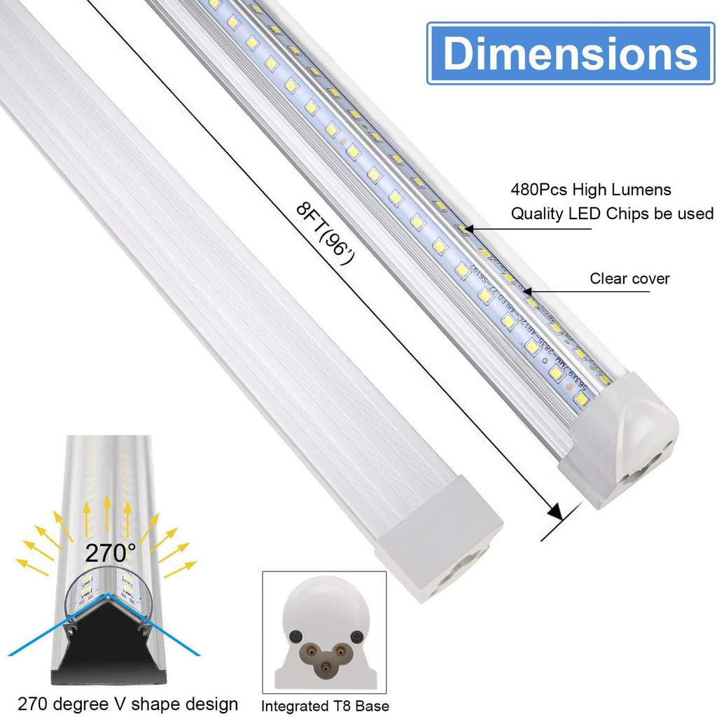 Henwsi 8FT LED Shop Light Fixture, White 10 Pack T8 Integrated Tube Lights, 72W 9500LM 6500K High Output Clear Cover, V Shape 270 Degree Lighting for Garage Warehouse, Upgraded Lights Plug and Play