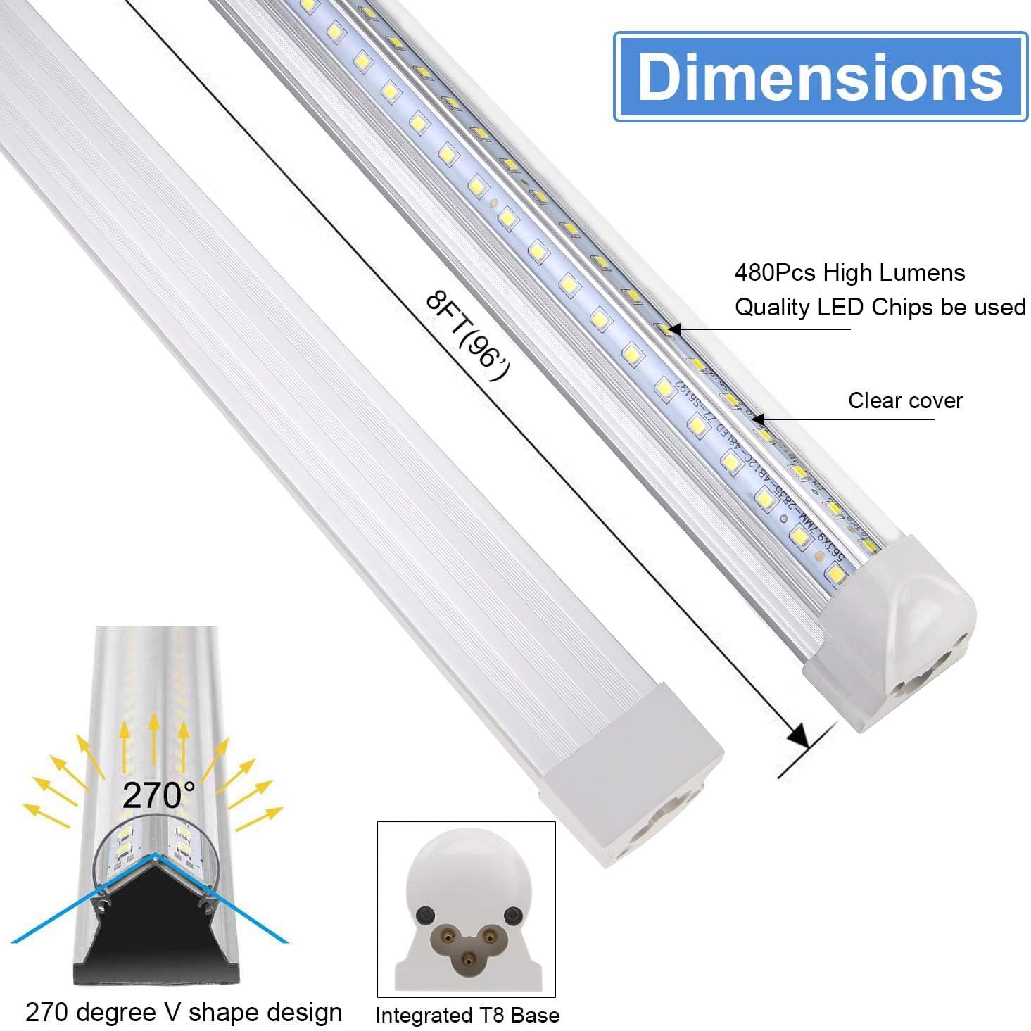 Henwsi 8FT LED Shop Light Fixture, White 10 Pack T8 Integrated Tube Lights, 72W 9500LM 6500K High Output Clear Cover, V Shape 270 Degree Lighting for Garage Warehouse, Upgraded Lights Plug and Play