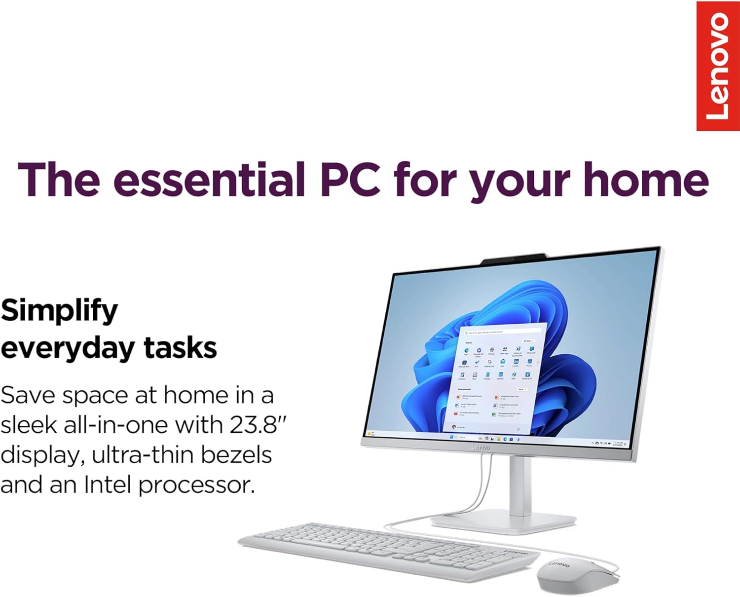 Lenovo IdeaCentre Everyday Tasks 24" Full HD All-in-One Desktop Computer • Office 365 for the Web • Intel 4-Cores • 256GB SSD • 8GB RAM • KB and Mouse • Windows 11