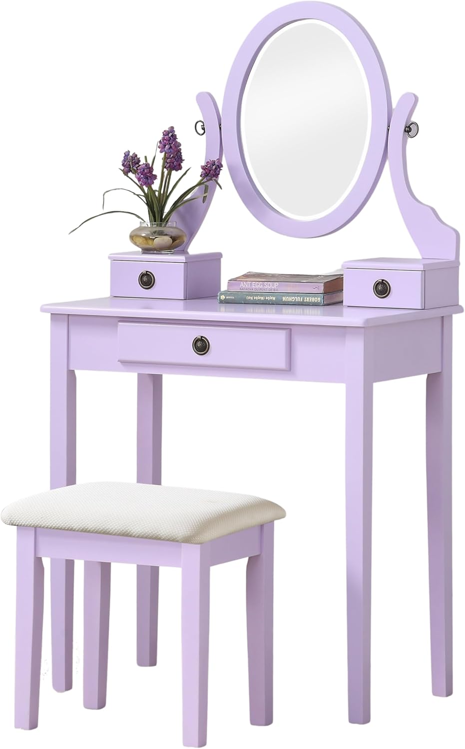 Roundhill Furniture Moniys Wood Moniya Makeup Vanity Table and Stool Set, Purple