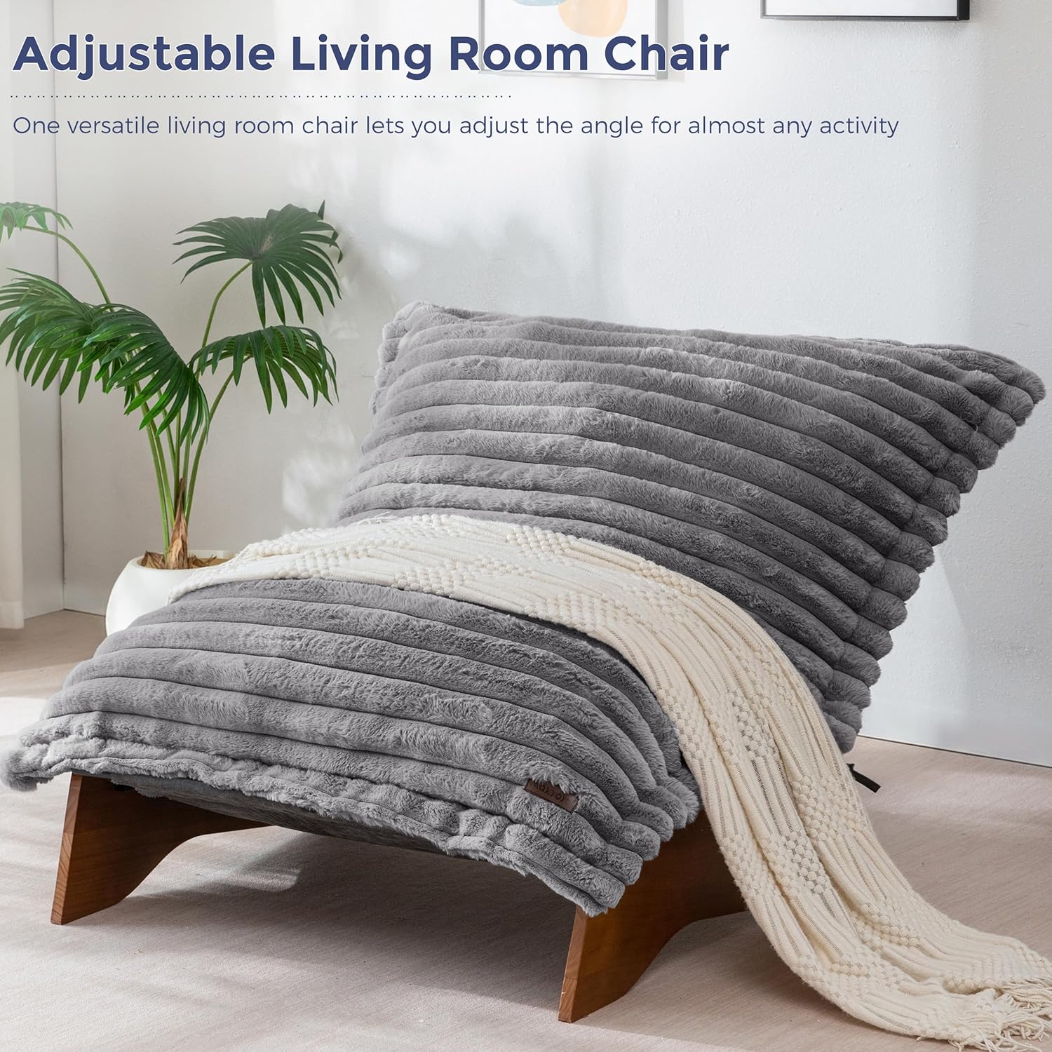 MAXYOYO Adjustable Living Room Chair, Convertible Bean Bag Chair & Recliner with Frame, Removable Cushion Floor Sofa Striped Fabric, Soft Upholstered Lounge for Bedroom, Dorm, Grey