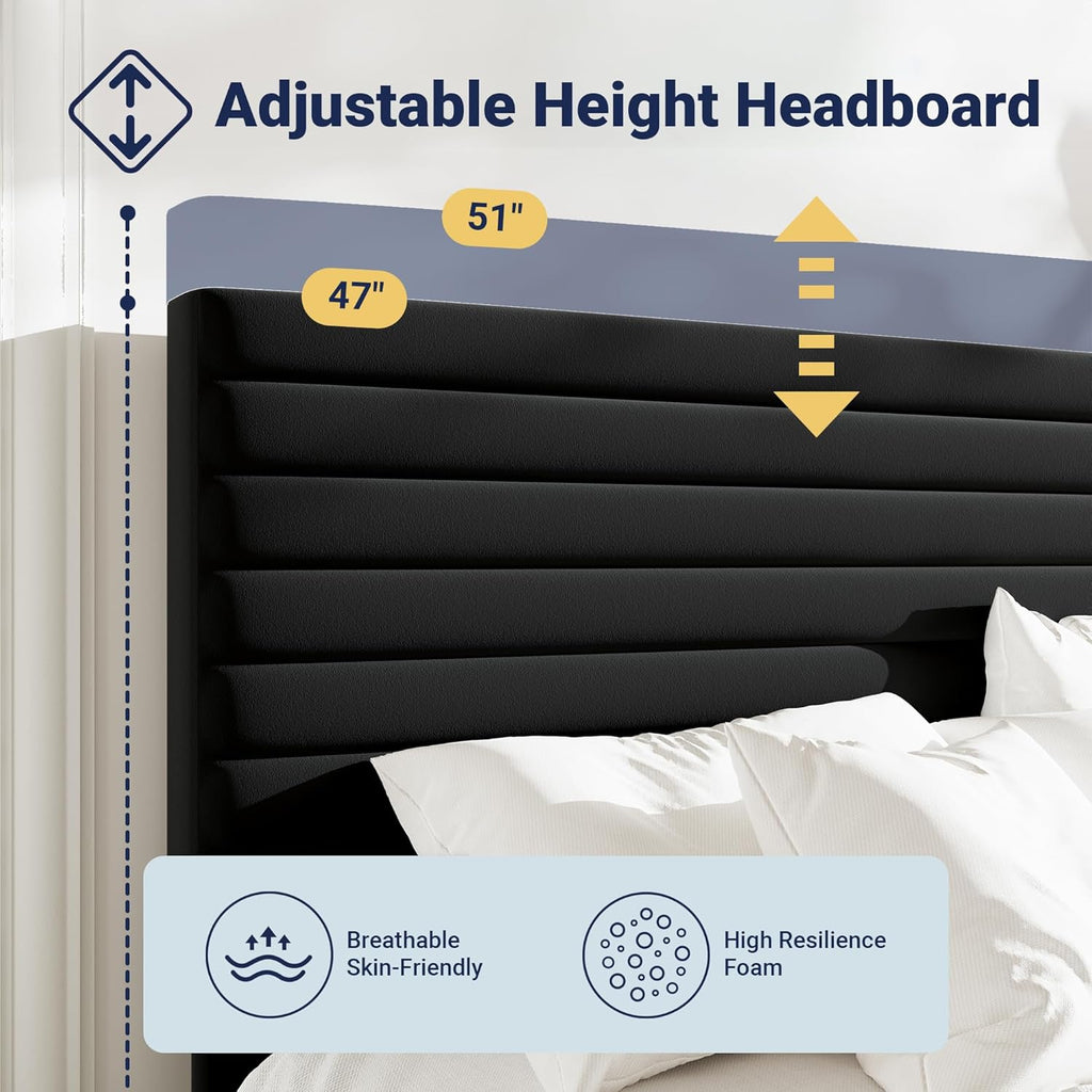 Allewie Queen Bed Frame, Velvet Upholstered Platform Bed with Adjustable Headboard, Horizontal Channel Design, Wood Slat Support, No Box Spring Needed, Noise Free, Easy Assembly, Black
