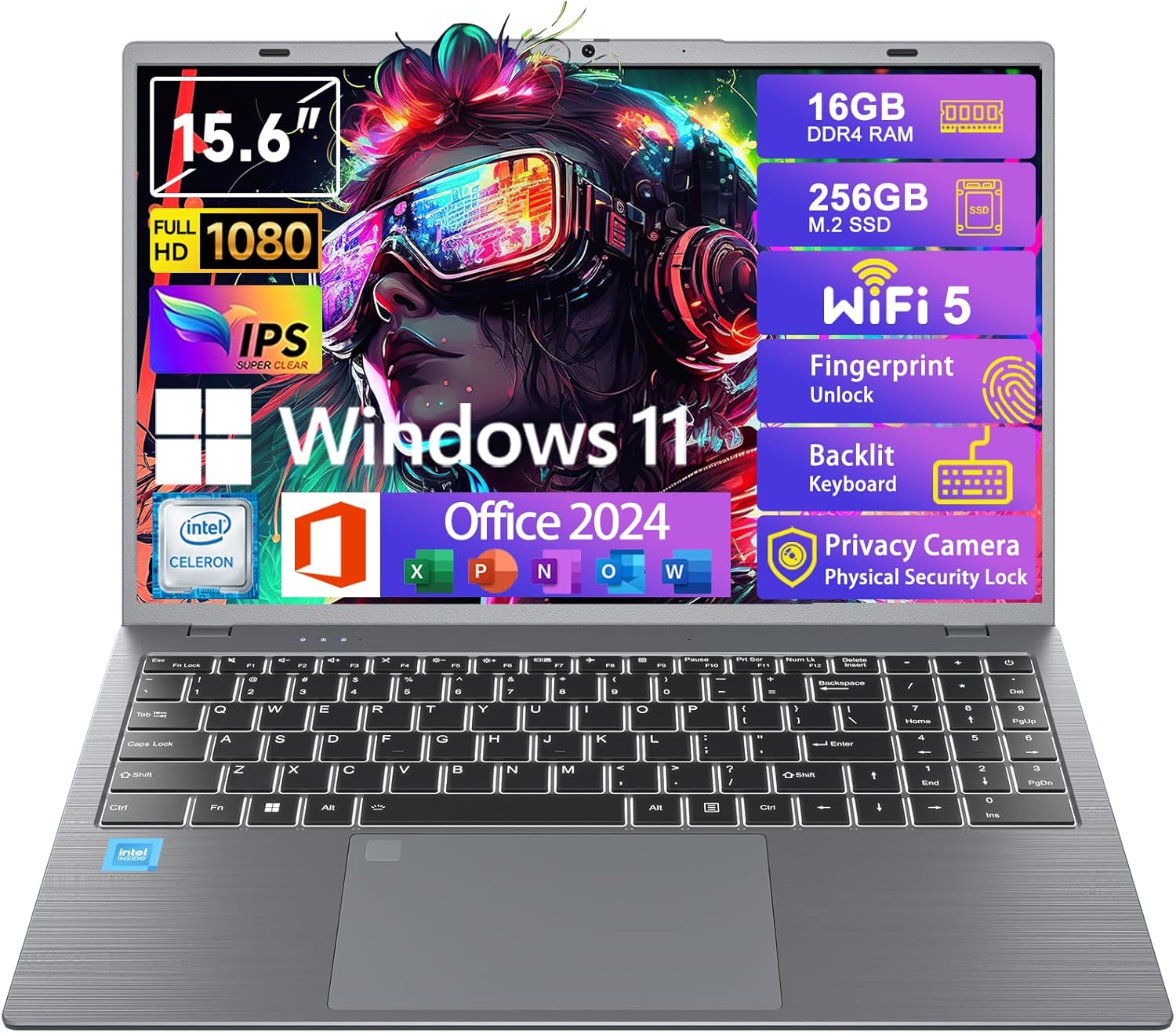 Windows11 Intel Laptop 15.6”HD Display（Celeron N5095） 16GB RAM 256GB SSD Storage .with Fingerprint Unlock | Privacy Camera | Backlit Keyboard .Suitable for Student and Business