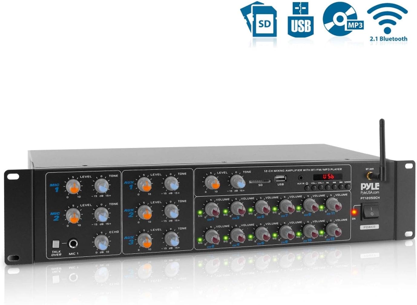 Pyle 12 Channel Power Amplifier w Bluetooth Wireless- 600W Max Power Rack Mount Amplifier with Multi-Zone Sound Mixer–RCA, USB and AUX inputs-Great for Restaurant, Theater, Studio or Stage- PT12050CH