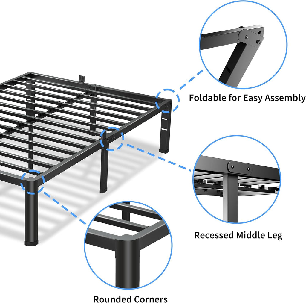 VIPSHOW 18 Inch Queen Bed Frame, 3500Lbs Heavy Duty Metal Platform with Round Corner Legs Mattress Slide Stopper, Steel Slat Support No Box Spring Needed, Noise Free, Non-Slip, Easy Assembly