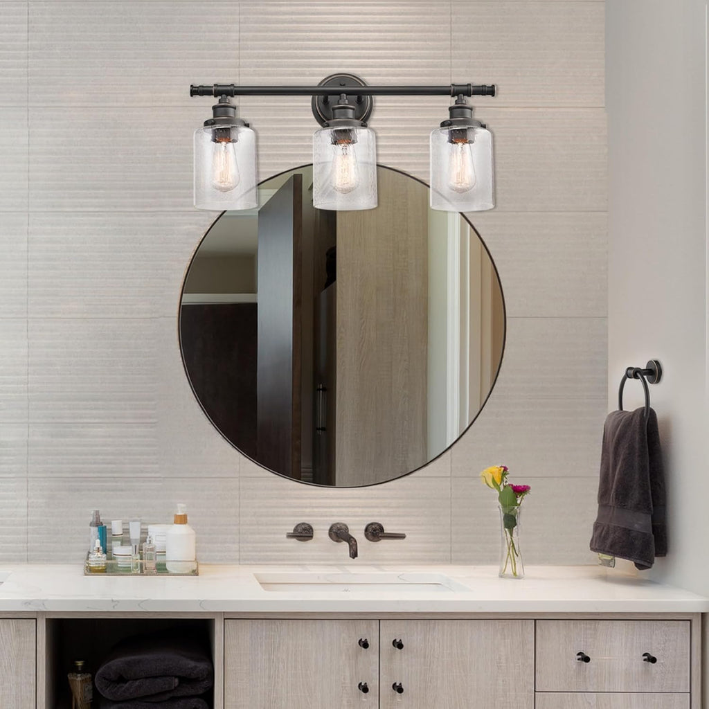 Globe Electric 51415 Camden 5-Piece All-in-One Bathroom Set, 3 Vanity Light with Seeded Glass Shades, Bar, Towel Ring, Robe Hook, Toilet Paper Holder, Bronze