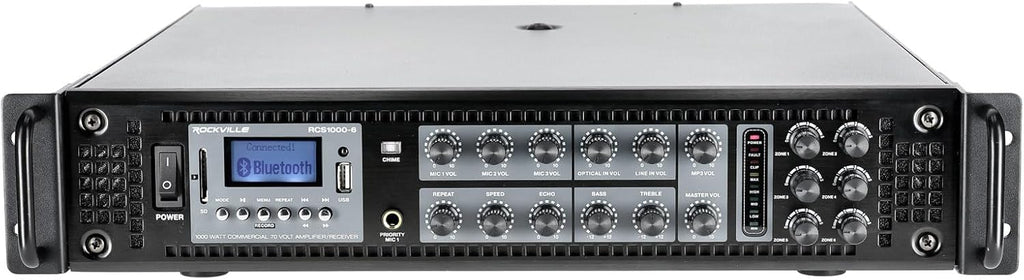 Rockville RCS1000-6 1000W 6-Zone Commercial Amplifier, Bluetooth, USB/SD Inputs, Echo Mic Controls, 70V/100V/8-Ohm Compatibility, Perfect for Restaurants, Schools, and Conference Rooms