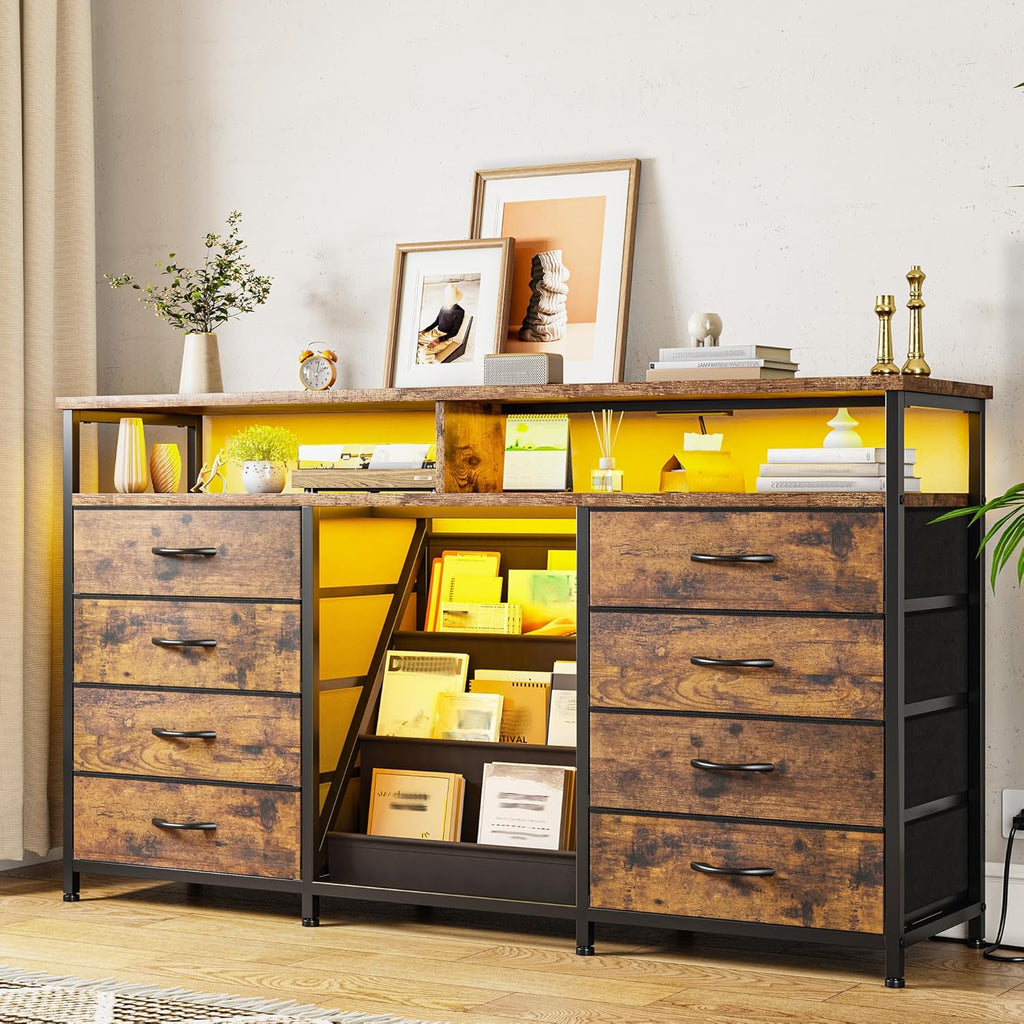 EnHomee 55 ” W Dresser for Bedroom with Bookrack & 8 Fabric Drawers, Dresser TV Stand with Power Outlet & LED Lights for 65 Inch TV, Chest of Drawers for Cabinet, Entryway,Rustic Brown