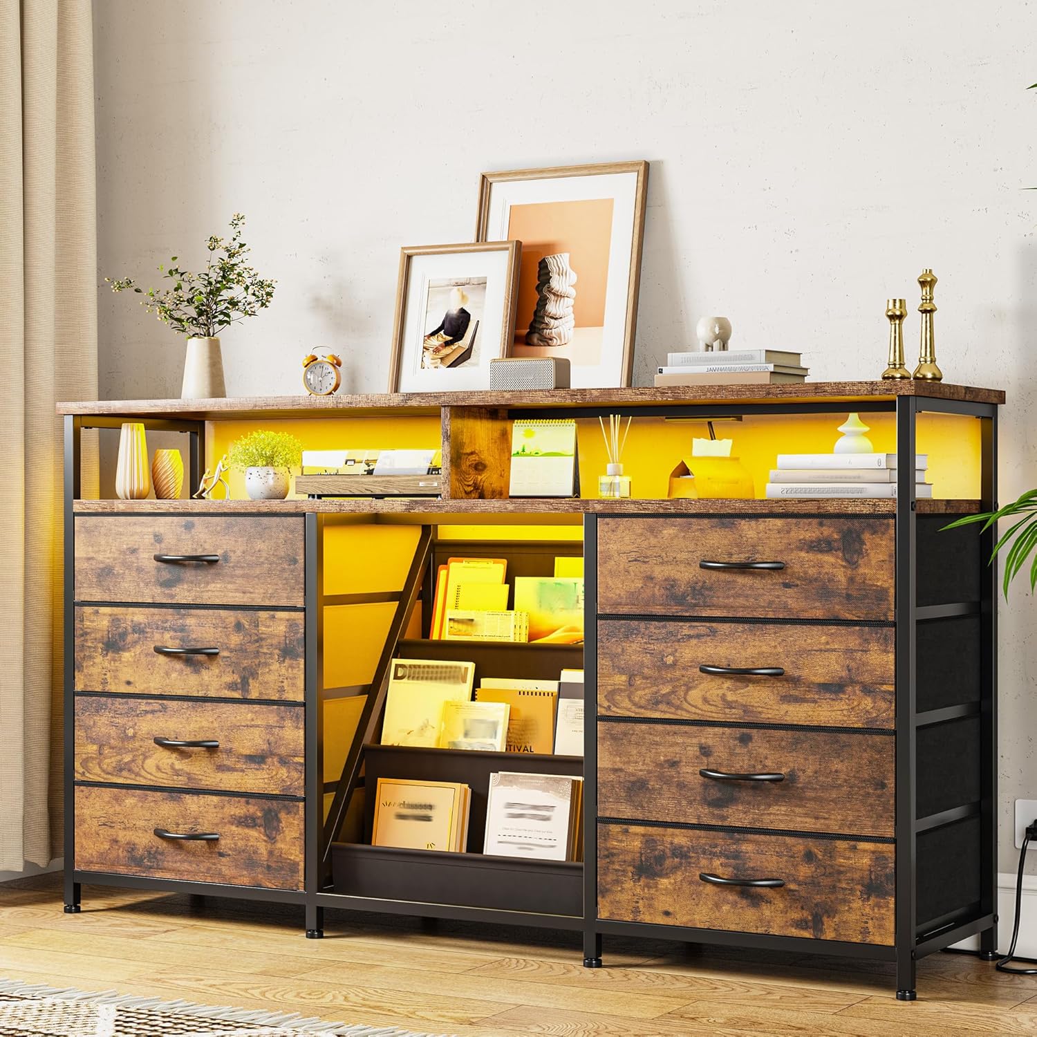 EnHomee 55 ” W Dresser for Bedroom with Bookrack & 8 Fabric Drawers, Dresser TV Stand with Power Outlet & LED Lights for 65 Inch TV, Chest of Drawers for Cabinet, Entryway,Rustic Brown