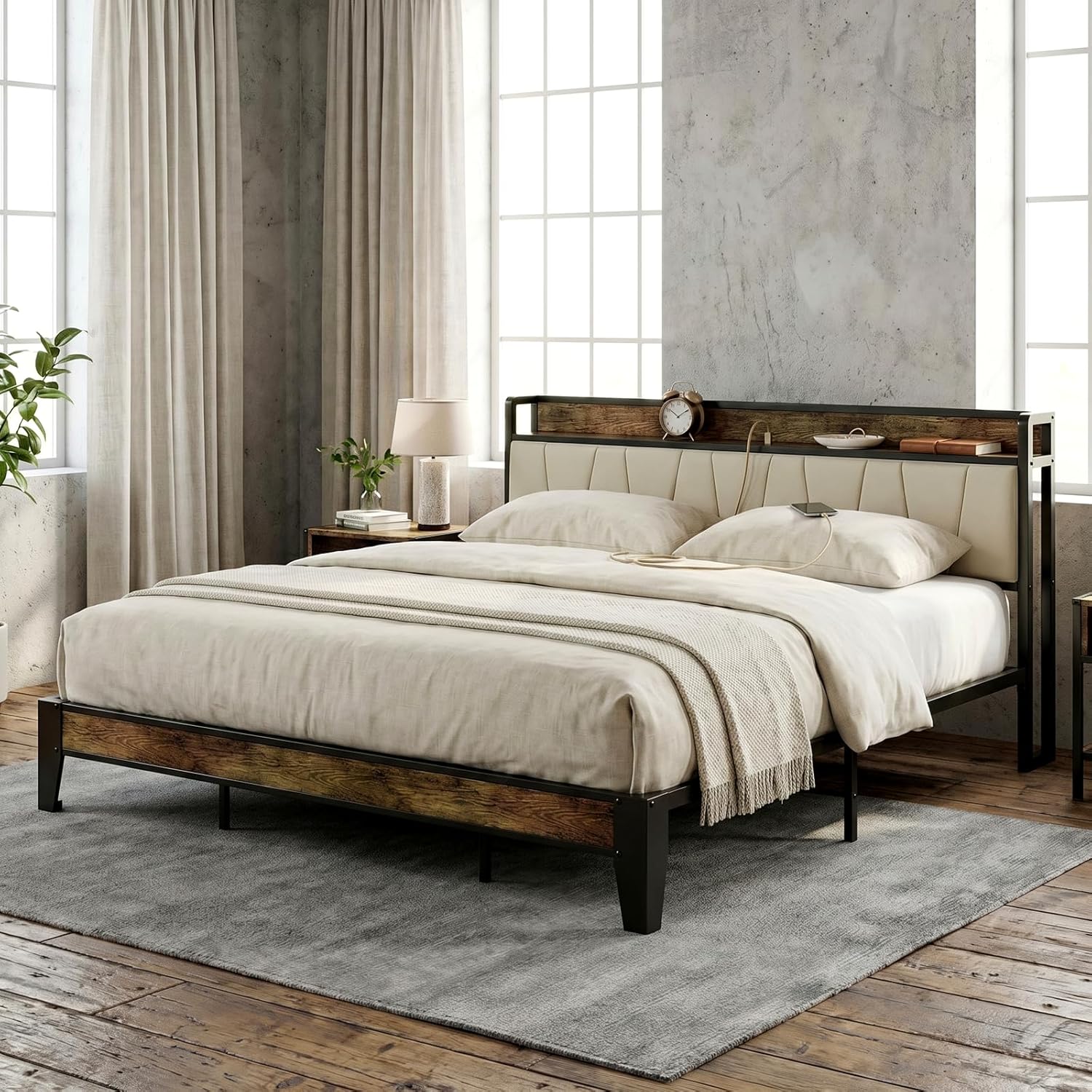 LIKIMIO King Bed Frame, Storage Headboard with Charging Station, Solid and Stable, Noise Free, No Box Spring Needed, Easy Assembly (Walnut and Beige)