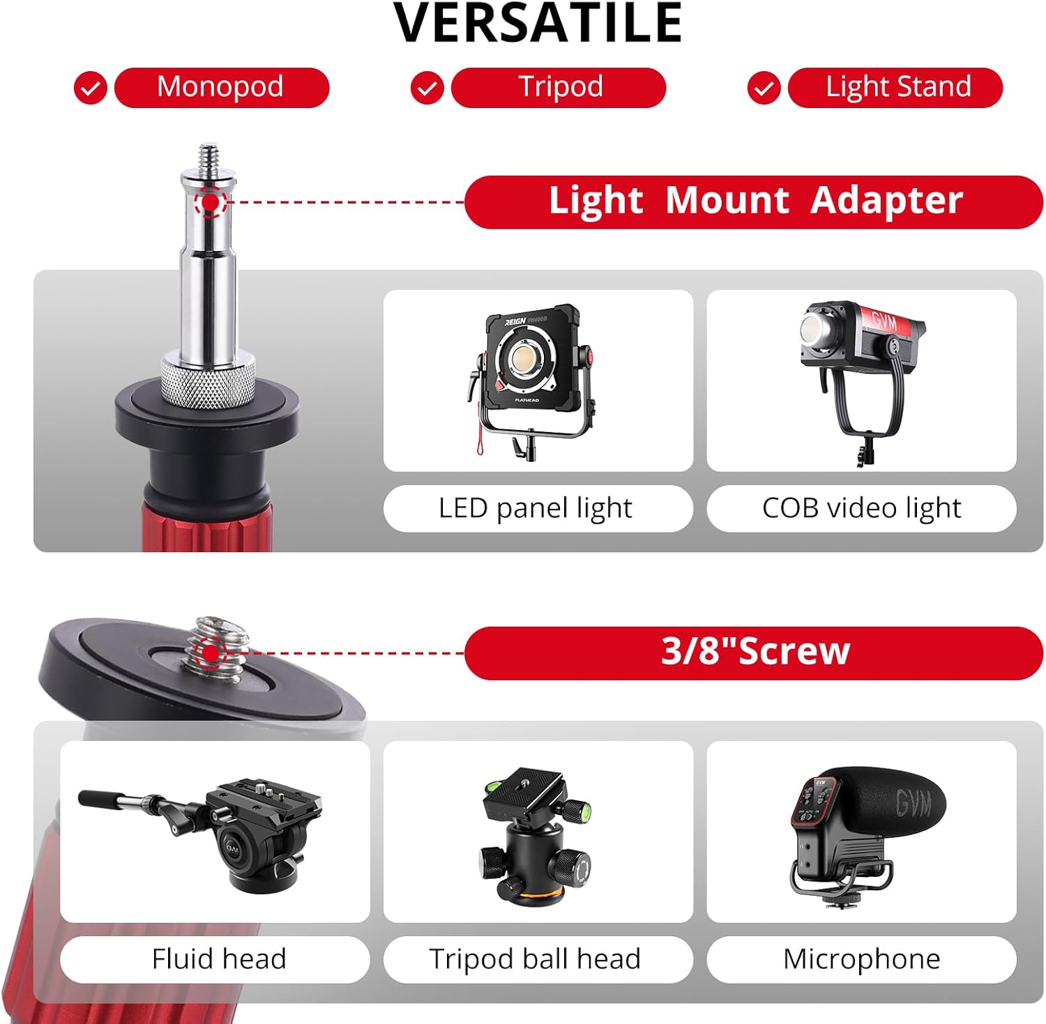 GVM YB2L200 79.9in Heavy Duty Light Stand Kit (2-Pack), Round Base Monopod, 10kg Load Capacity, Flat Base for Stability, for Video Recording, Live Streaming, Interviews & Photography Studio