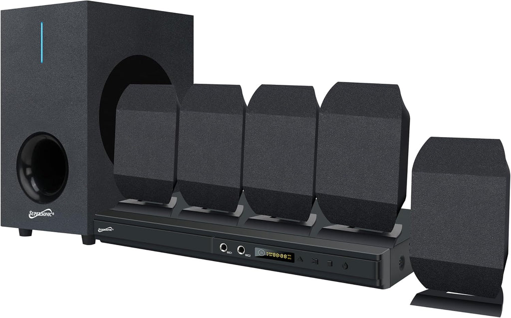 Supersonic SC-38HT 5.1 Surround Channel DVD Home Theater System with DVD/CD Support, Karaoke Mic Jacks, USB Input, FM Radio, 75W Speaker Output, Multi-Language Support, and Remote Control!