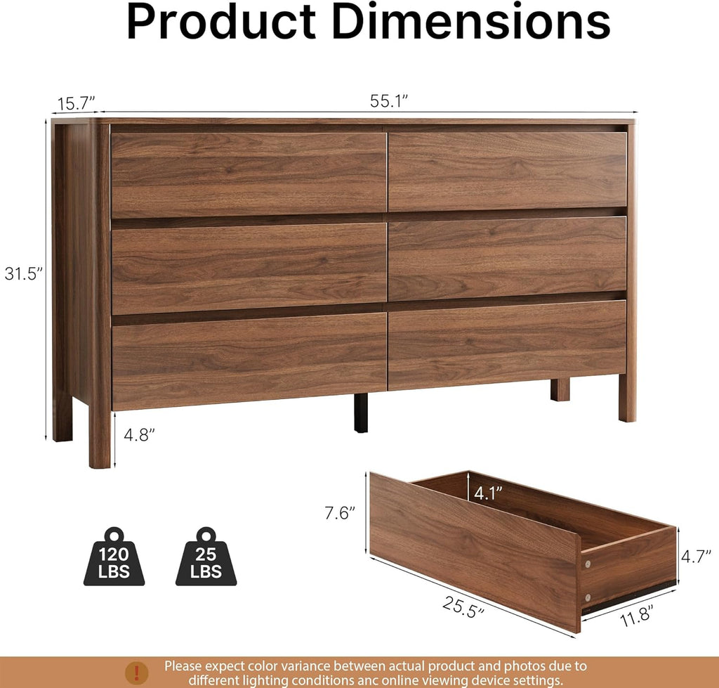 MAISONARIA Walnut 3-Piece Dresser Bedroom Set, 6 Drawers Dresser & 2 Drawer Nightstands with Hidden Handles, Wood Chest of Drawers for Bedroom, Living Room, Entryway