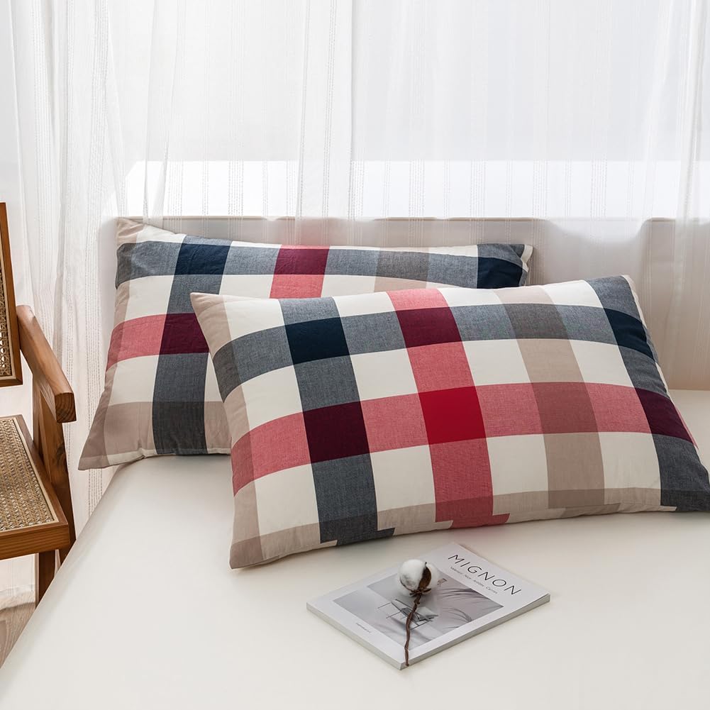 NTCOCO Summer Lightweight Comforter Set,Thin Quilt,100% Washed Cotton,Machine Washable,Soft Comfy Breathable Can Sleep Naked(King,Black and Red Grid