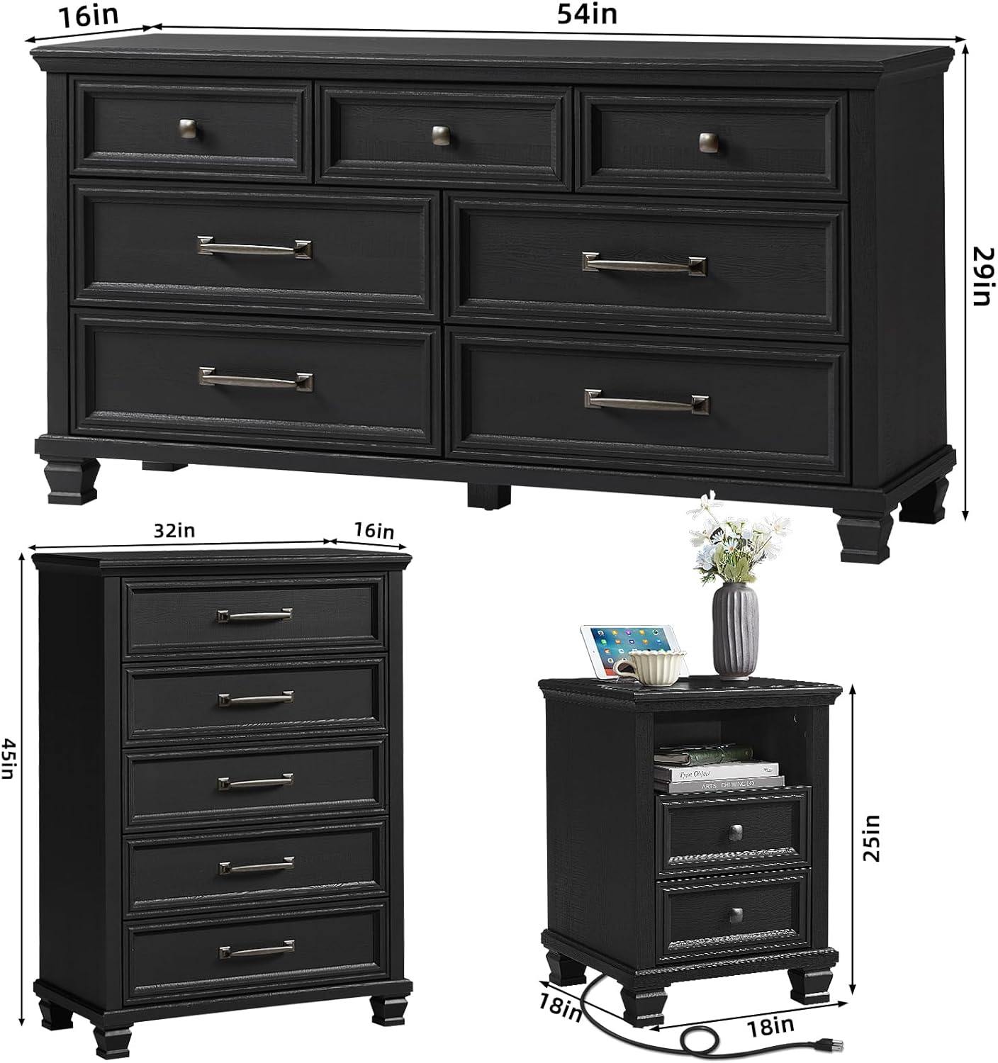 SAVOR LIFE Farmhouse Bedroom Dresser and Nightstand Set 4, 5/7 Drawer Dresser & 2 Drawer Nightstand Set, Rustic Wood Bedroom Furniture Set for Home, Hallway, Black