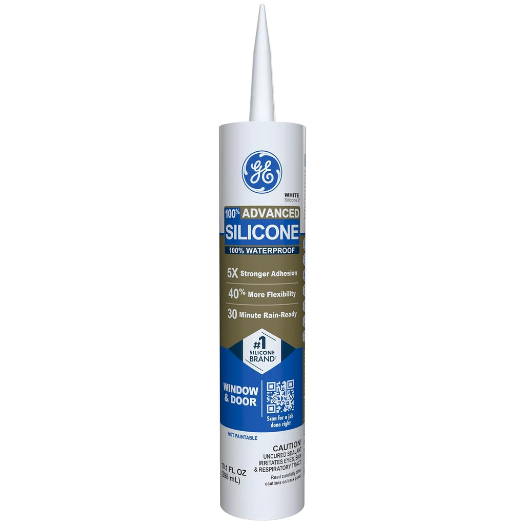 GE Advanced Silicone Caulk for Window & Door, White, 10 fl oz Cartridge, 12 Pack - 100% Waterproof Silicone Sealant, 5X Stronger Adhesion, Shrink & Crack Resistant