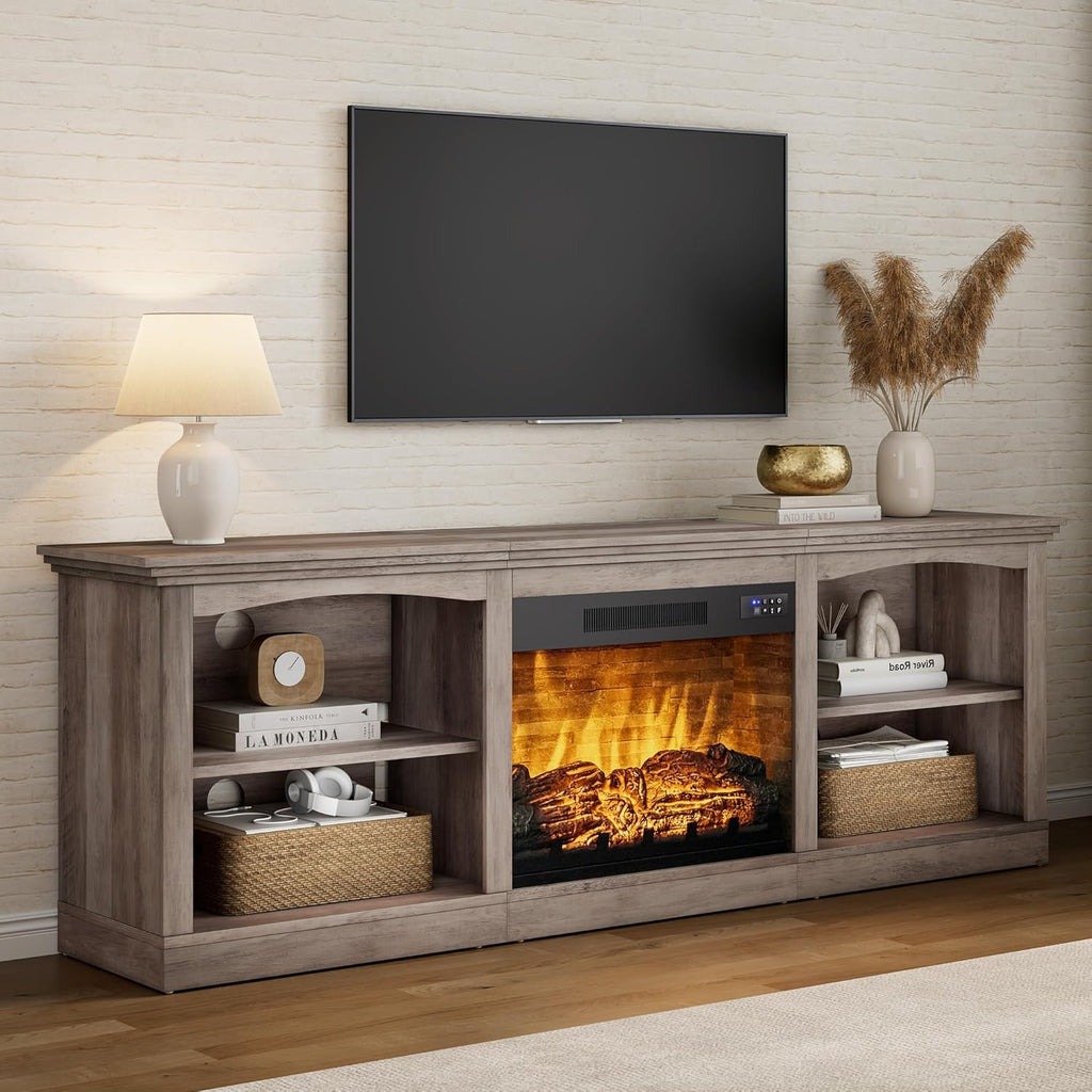 AMERLIFE 70" Farmhouse Fireplace TV Stand for TVs up to 80", Entertainment Center with 23" Fireplace, Open Shelves, One-Box Delivery, Media Console Table for Living Room, Rustic Grey