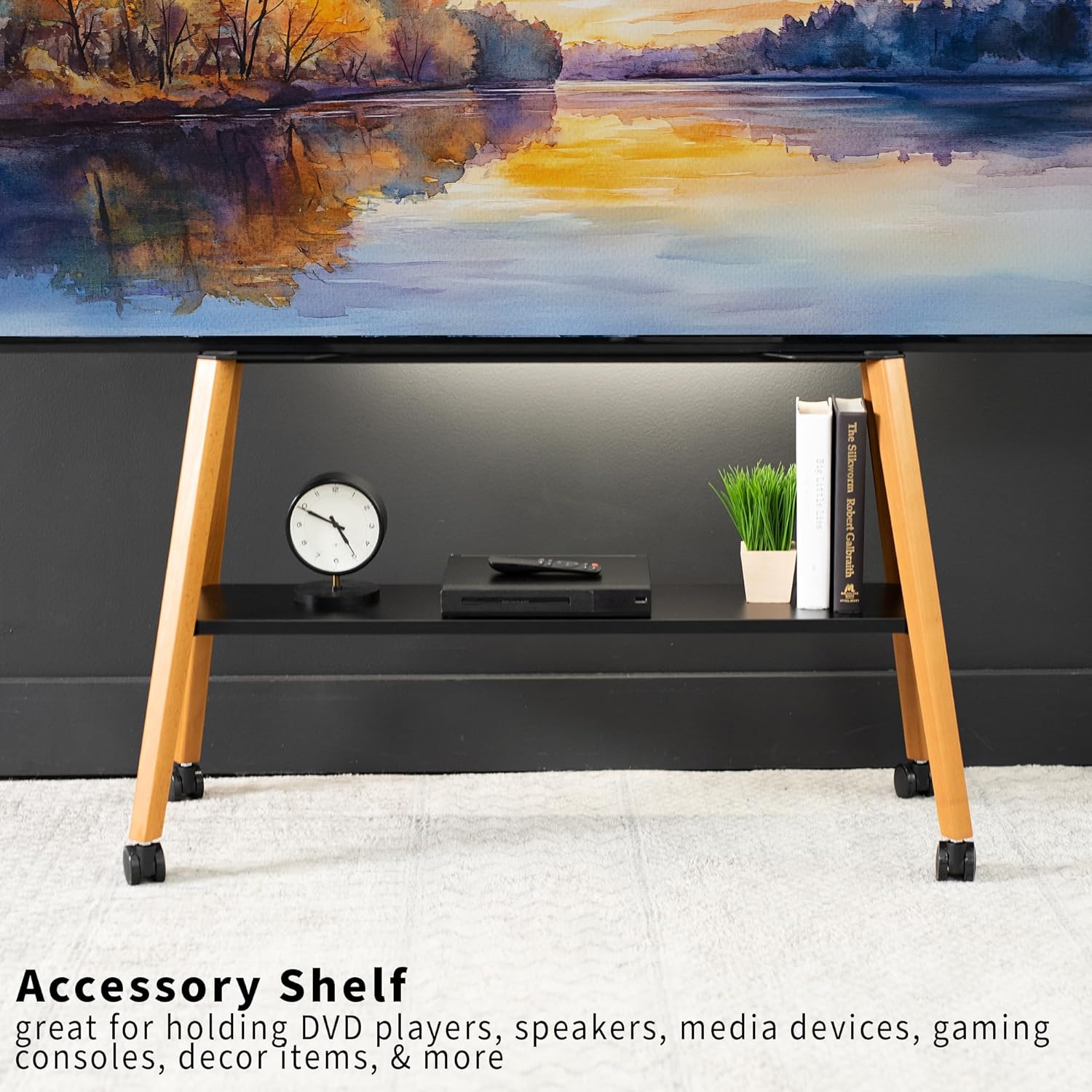 VIVO Rolling Artistic 43 to 75 inch LED LCD Screen Mobile Studio TV Easel Stand, Wood Accessory Shelf, Adjustable TV Mount with 4 Walnut Legs, Black Frame, STAND-TV75R