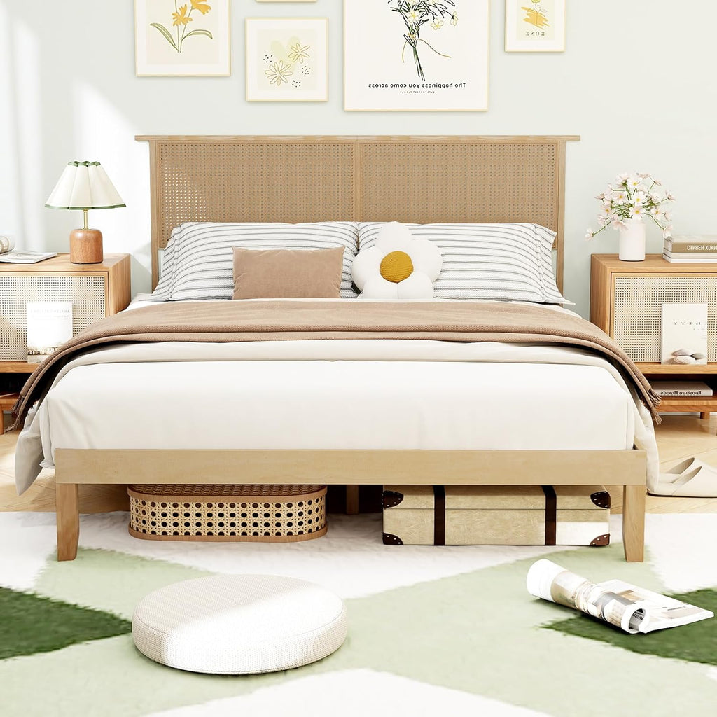 Giantex Rattan Queen Bed Frame, Boho Platform Bed with Natural Wicker Headboard, Solid Wood Foundation & Support Slats, Under-Bed Storage, Queen Size Bedframe for Adults, No Box Spring Needed
