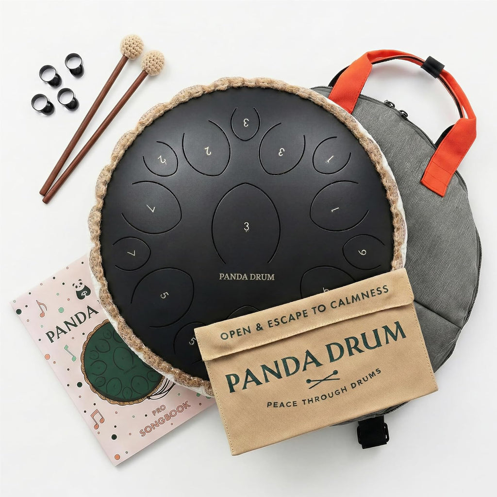 Panda Drum Pro (Black) | Steel Tongue Handpan with Music Book, Mallets, Carrying Bag & Finger Picks | 15 inch, 432 Hz | Rain Drum for Inside & Outside | Calming Musical Instrument for Adults & Kids