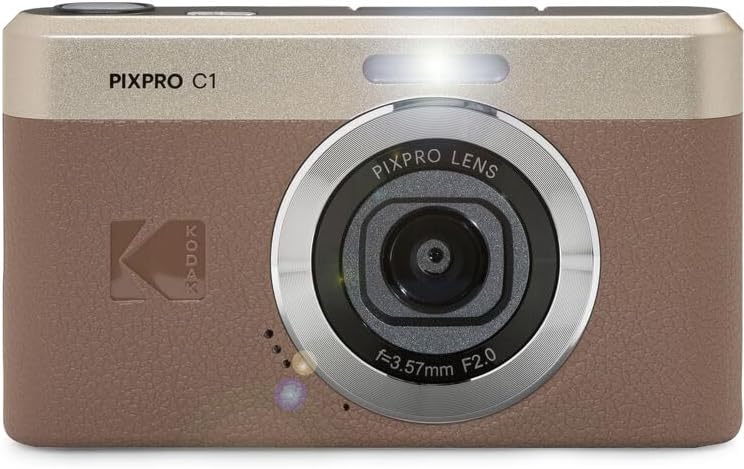 Kodak PIXPRO C1 Compact Digital Camera (Brown), 13MP Point and Shoot Camera for Selfies, Travel, Vlogging and Everyday Photos (C1-BN) + 32GB Card + Camera Bag + Cleaning Kit (7pc Bundle)