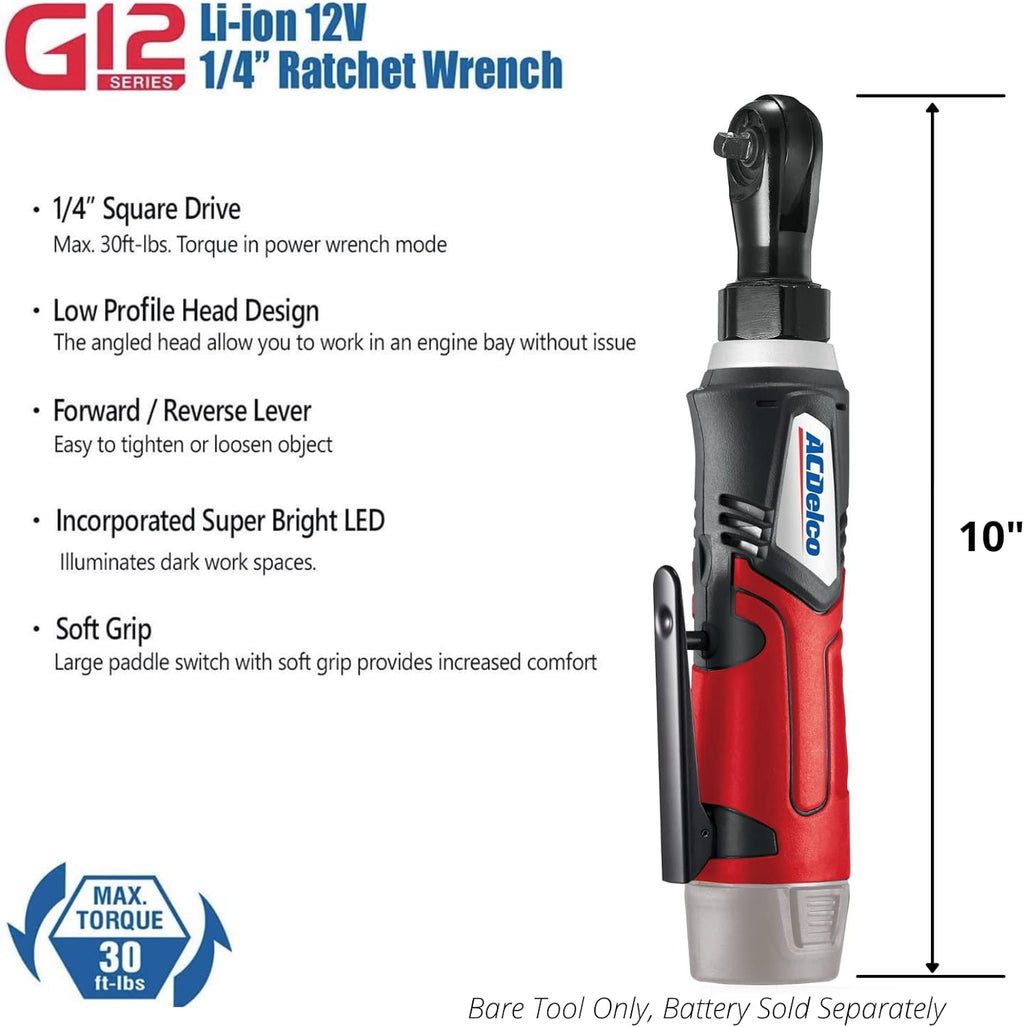 ACDelco G12 Series 12V Cordless Ratchet Combo Kit, 3/8" (45 ft-lbs) & 1/4" (30 ft-lbs), Electric Ratchet Wrench with (1) Li-ion Battery and Charger, 240 RPM, 2-Tool Set with Canvas Bag, ARW1209-K9