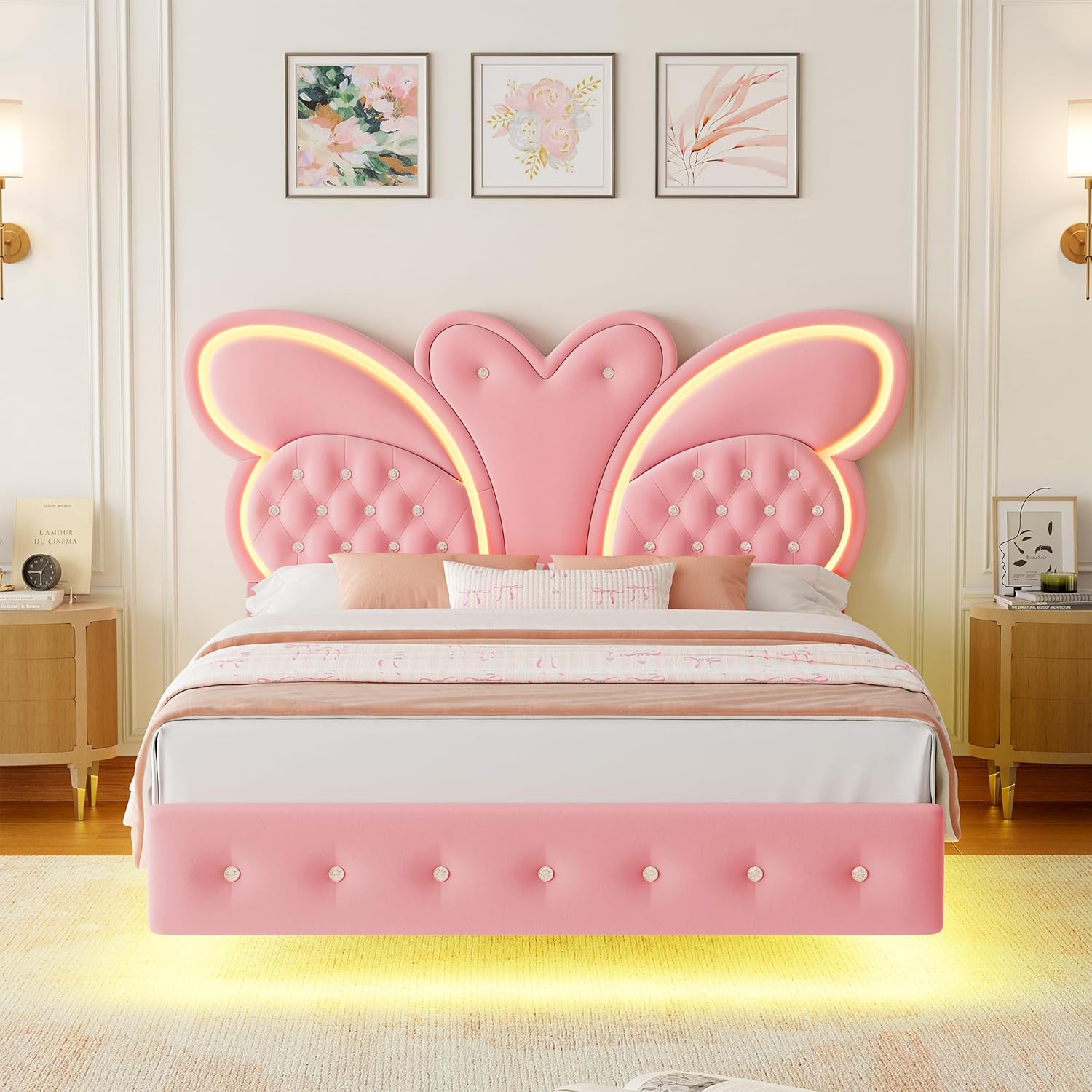 Keyluv Full Bed Frame Butterfly-Pattern Upholstered Headboard, Modern Floating Bed with LED Lights Button Tufted on Headboard and Footboard, Slats Support No Box Spring Needed, Noise-Free, Pink