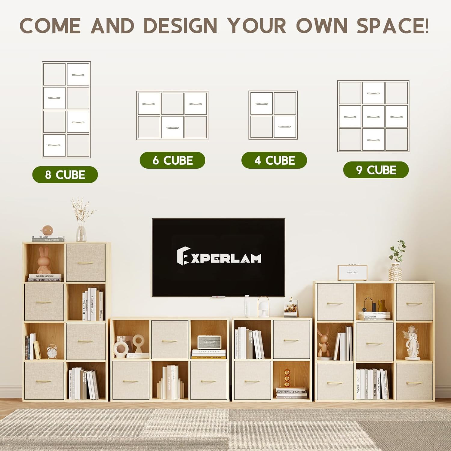 EXPERLAM 8 Cube Storage Organizer - Solid Wood Bookshelf with 4 Storage Bins, Cube Shelf with 2 Removable Back Panels, Vertical or Horizontal Bookcase, Open Book Shelf for Bedroom, Living Room, Office