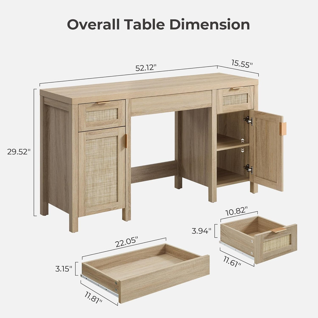 SICOTAS 52" Rattan Vanity Desk with Storage, Boho Farmhouse Makeup Dressing Table with 3 Drawers & 2 Cabinets, Wooden Home Office Desk for Bedroom, Light Oak