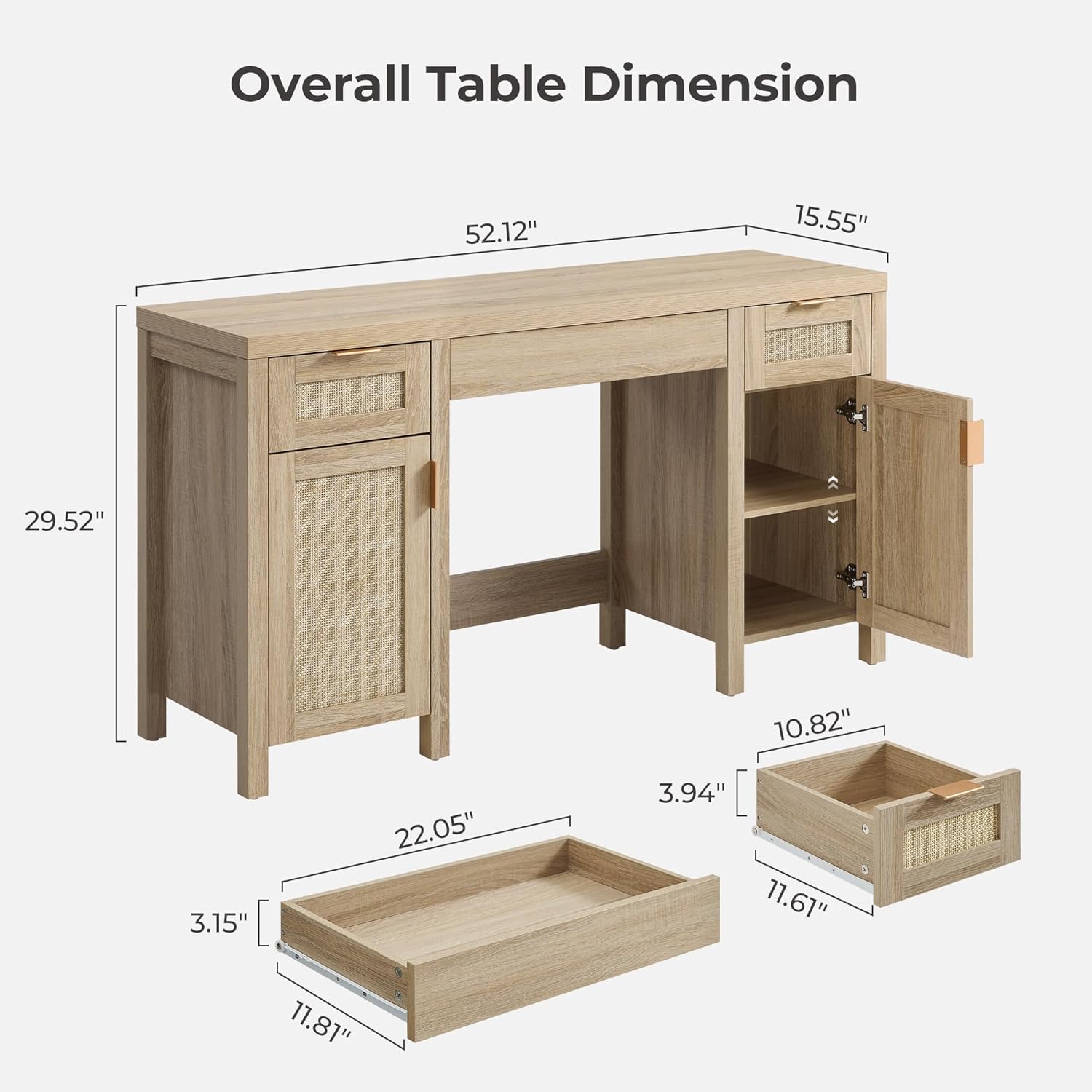 SICOTAS 52" Rattan Vanity Desk with Storage, Boho Farmhouse Makeup Dressing Table with 3 Drawers & 2 Cabinets, Wooden Home Office Desk for Bedroom, Light Oak