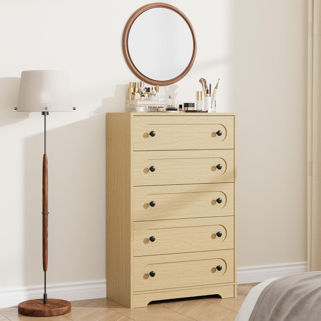 Garvee 5 Drawer Dresser for Bedroom, 50" Tall Large Dresser with Deep Drawers & Metal Knobs, Wooden Mid Century Modern Chest of Drawers for Living Room, Entryway, Hallway, Natural