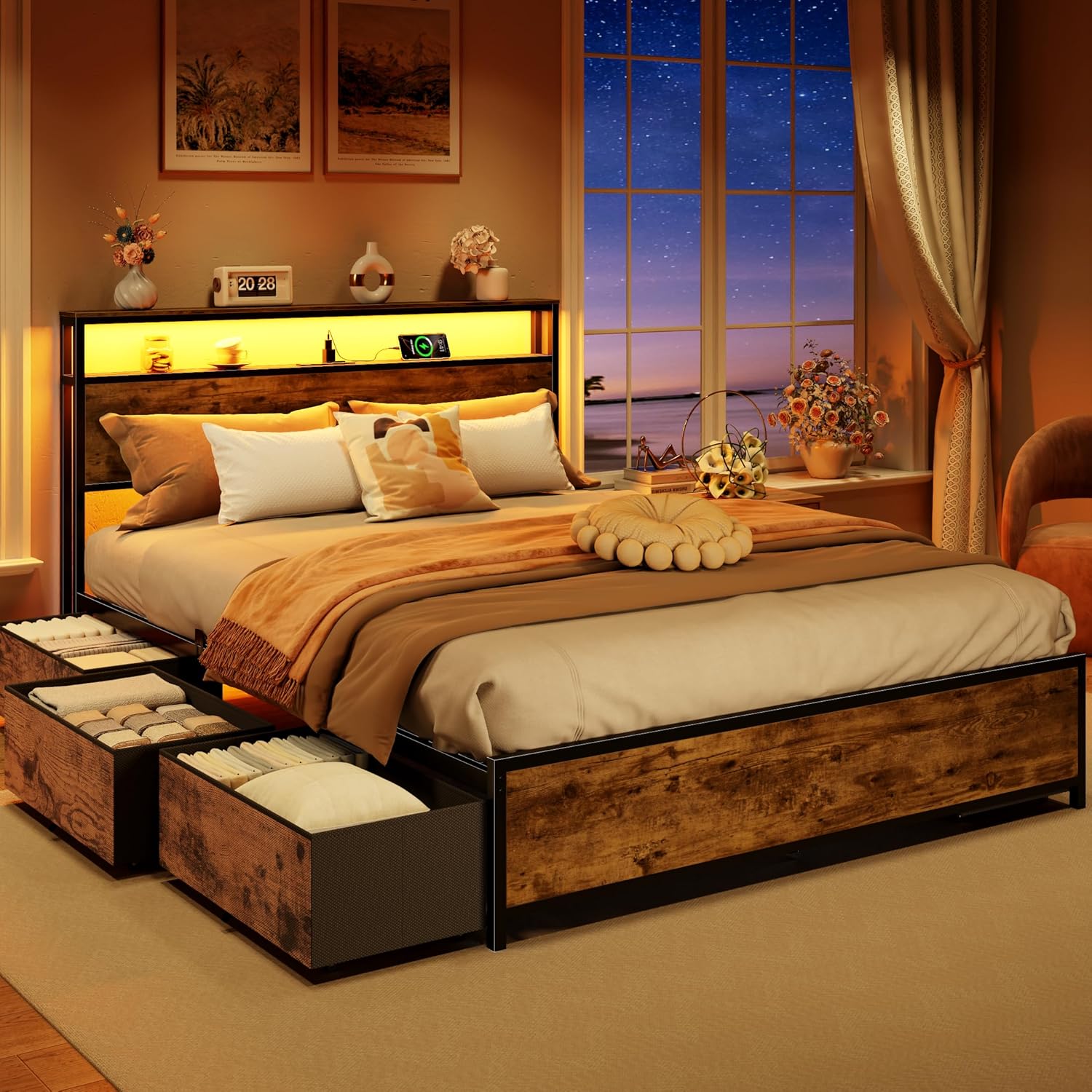 Forestell Queen Bed Frame with Headboard & 6 Drawers, Metal Platform Bed Frame Queen Size with Charging Station,LED Lights,2 Tier Shelf Storage Bedframe-No Box Spring Needed,Noise Free,Rustic Brown
