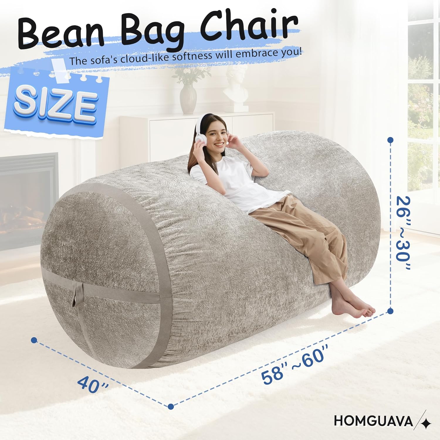 Homguava 5FT Bean Bag Chair Giant Bean Bag Chairs for Adults with Memory Foam Filled,Beanbag Chair with Soft Faux Fur Cover,Comfy Bean Bag Sofa Lounger for Living Room,Game Room,Bedroom