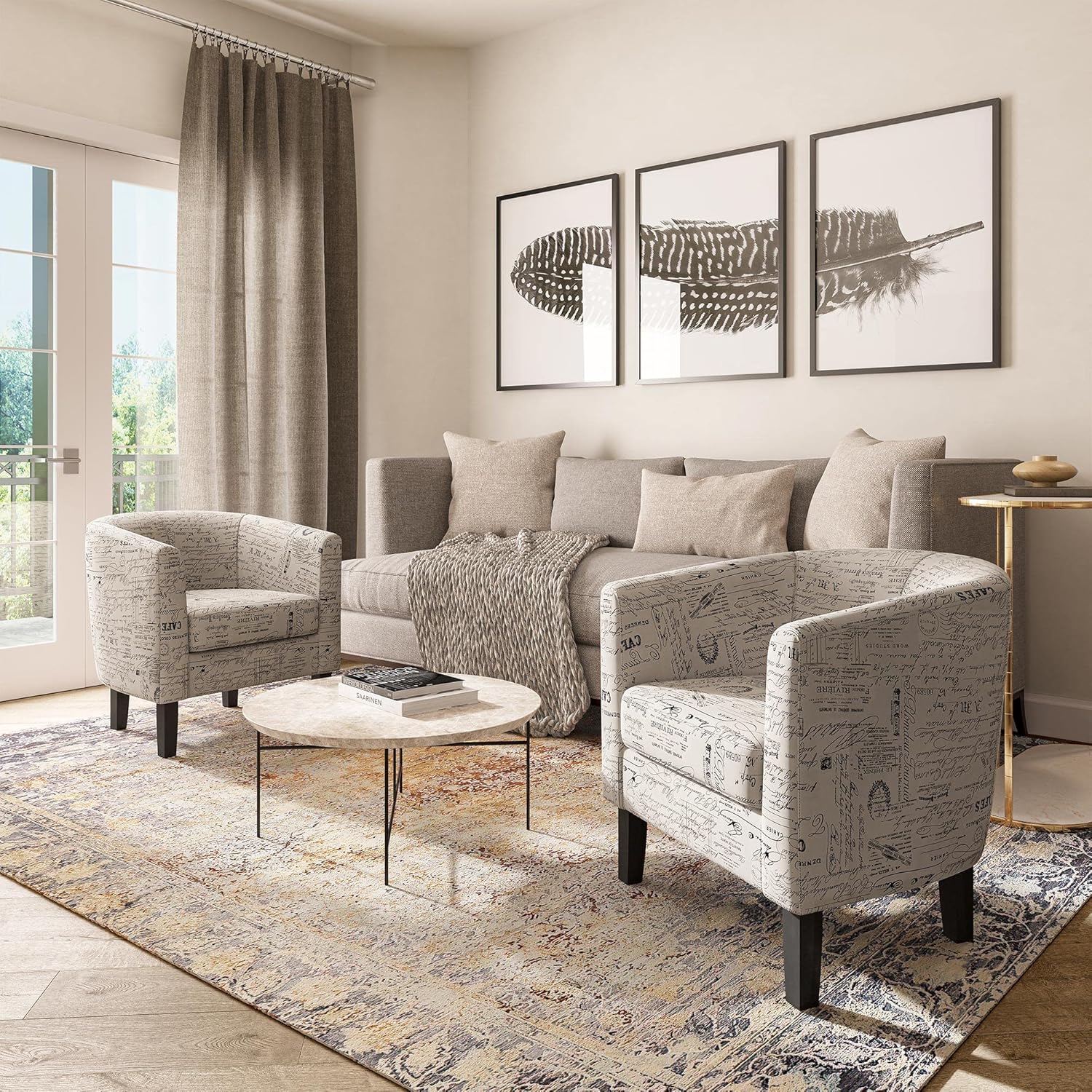 BELLEZE Accent Barrel Chair, Linen Round Chair Club Tub Sofa Corner Chair with Flared Legs and Cozy Soft Padding for Living Room Bedroom Waiting Room - Black & Beige