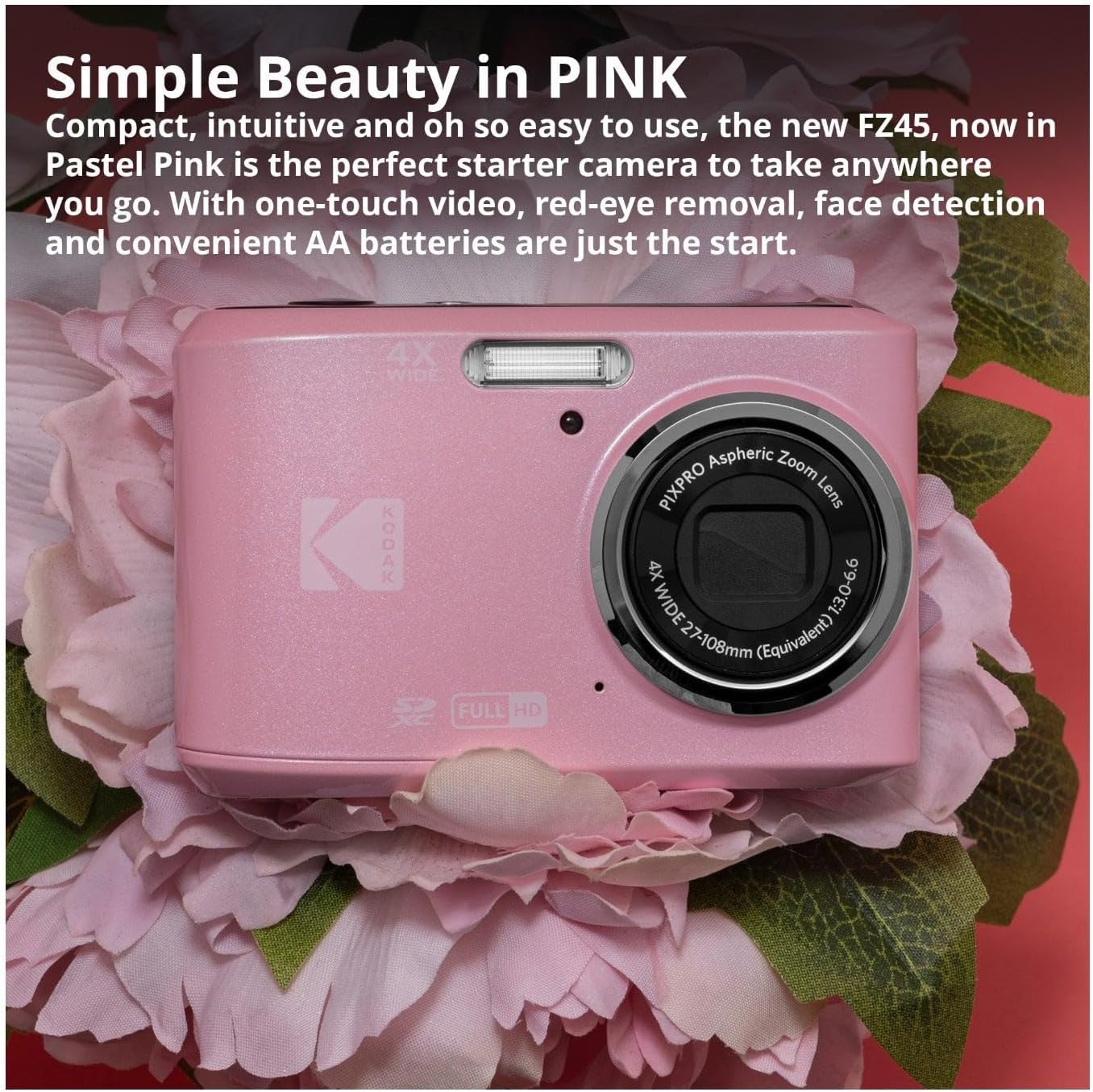 Kodak PIXPRO FZ45 Friendly Zoom 16MP 1080p Full HD Digital Camera (Pastel Pink) with 128GB SD Card, Compact Camera Case and Extra 4X AA Batteries Bundle (4 Items)