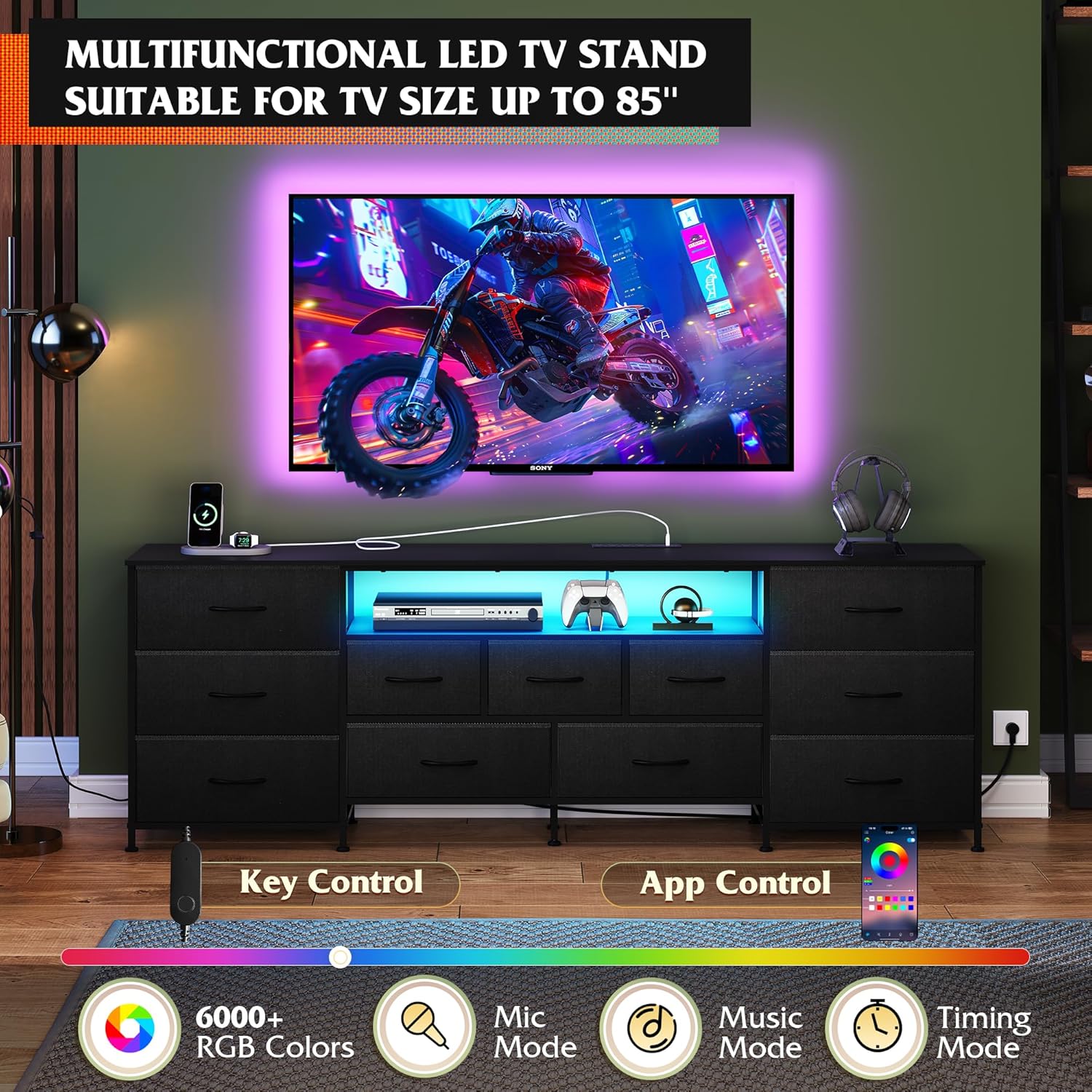 WLIVE 75.5" TV Stand for 65, 75, 80, 85 Inch TV, Dresser for Bedroom with Power Outlets & LED Lights, 11 Drawer Fabric Dresser with Open Shelves, Entertainment Center with Storage, Black