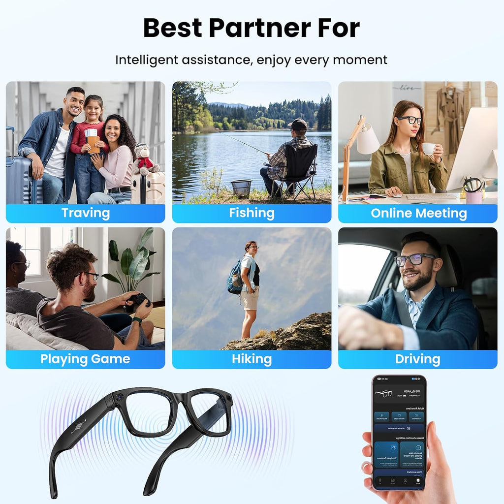 Mingtawn AI Smart Glasses 4K HD Camera, BT Call, 800W Anti-Shake Camera Glasses with Video Recording Dual Mic, Simultaneous Interpretation/GPT Identify Objects, 270mAh Photochromic Glasses（Black
