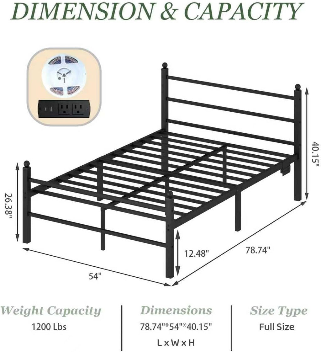 Jenmit Full Size Bed Frame with Charging Station & LED Lights, Metal Platform Bed Frame with Headboard and Footboard, Storage Space Under Bed, No Box Spring Needed, Noise Free, Easy Assembly, Black