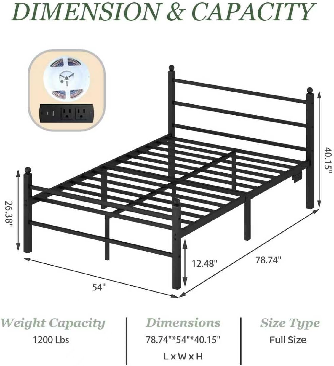 Jenmit Full Size Bed Frame with Charging Station & LED Lights, Metal Platform Bed Frame with Headboard and Footboard, Storage Space Under Bed, No Box Spring Needed, Noise Free, Easy Assembly, Black