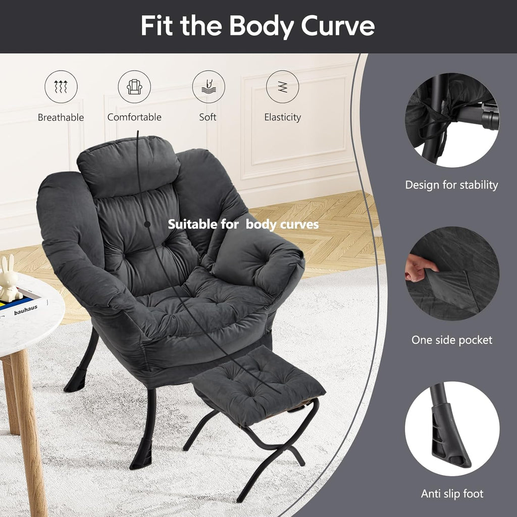 Lazy Chair with Folding Ottoman Modern Large Accent Chair,Contemporary Lounge Leisure Sofa Chair with Armrests Upholstered Sofa Armchair Reading Chair for Bedroom,Dorm & Office (Dark Grey-f)