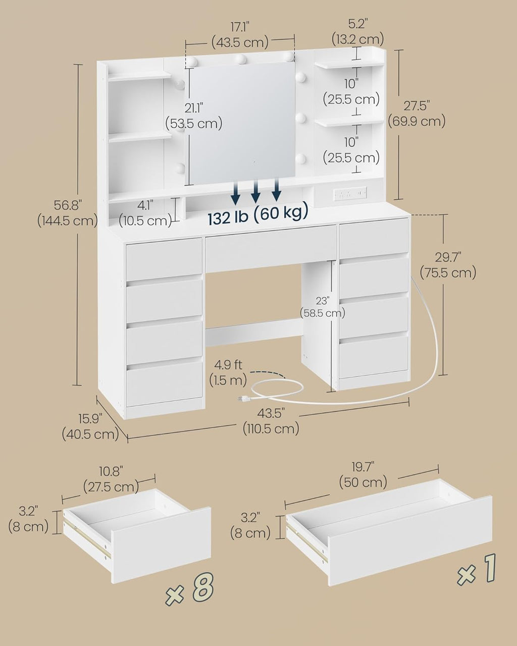 SONGMICS HOME Vanity Desk with Mirror and Lights, Makeup Vanity Table with Power Outlets, 9 Drawers Storage Dressing Table for Bedroom, White